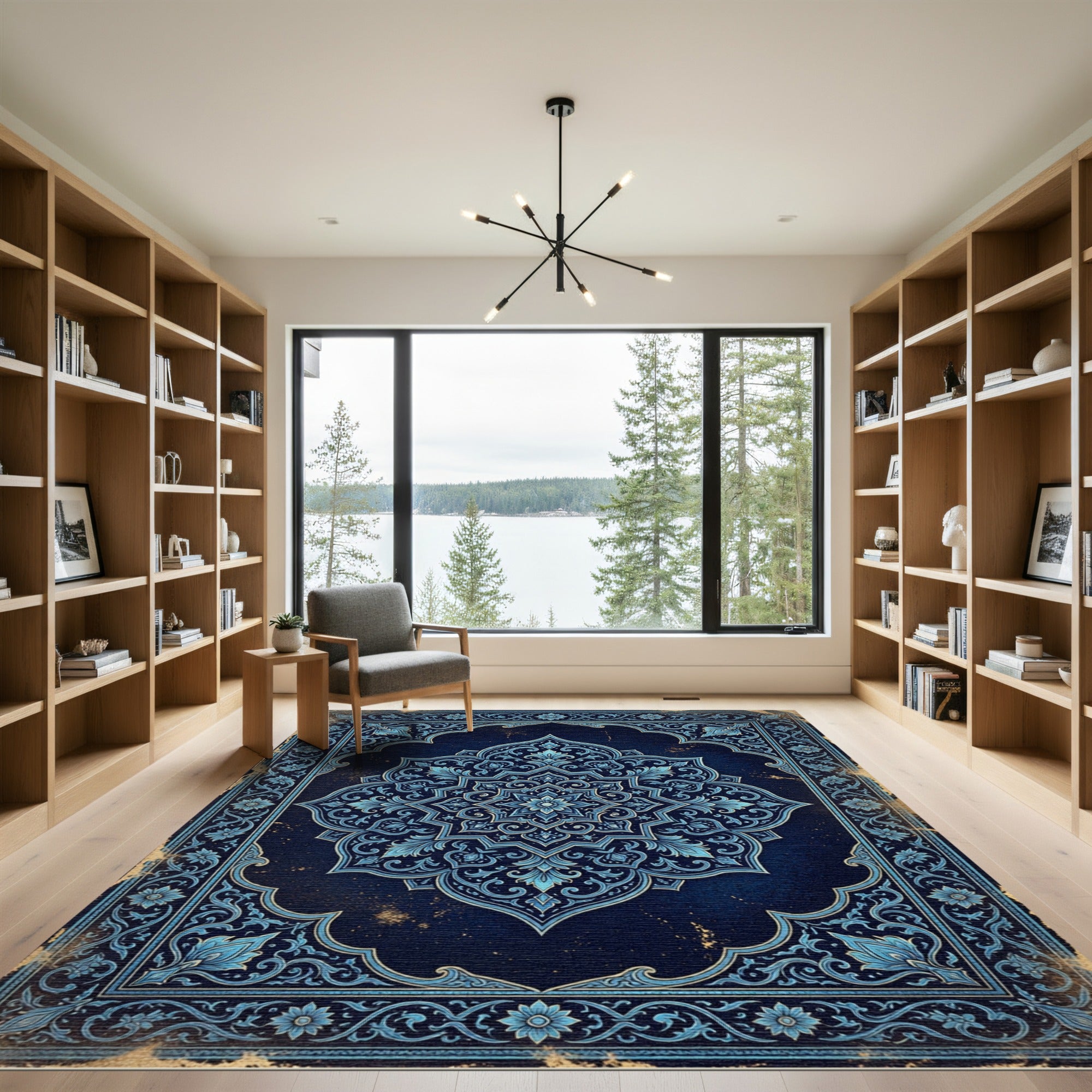 Intricate Navy Blue Floral Mandala Rug