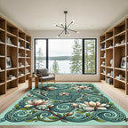 Elegant Teal Magnolia Swirl Floral Rug