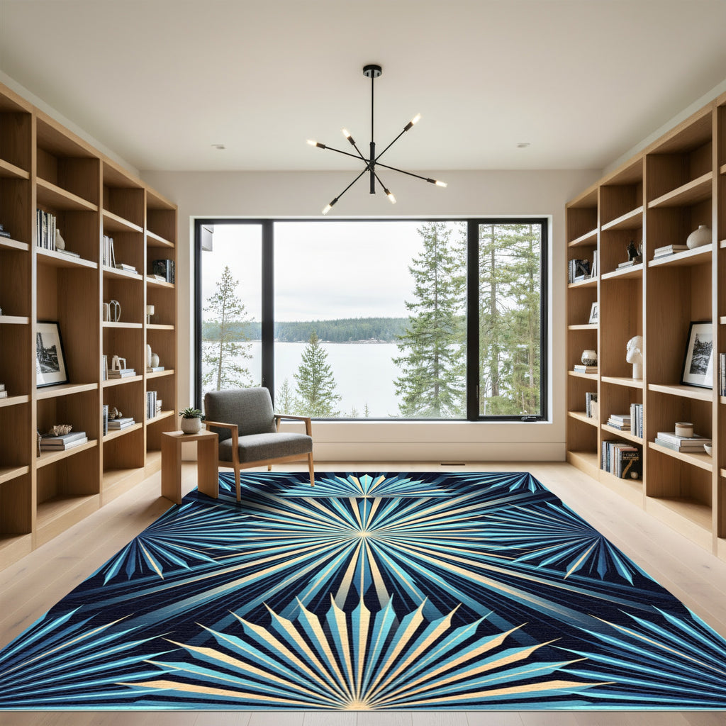 Art Deco Blue Radiant Sunburst Rug