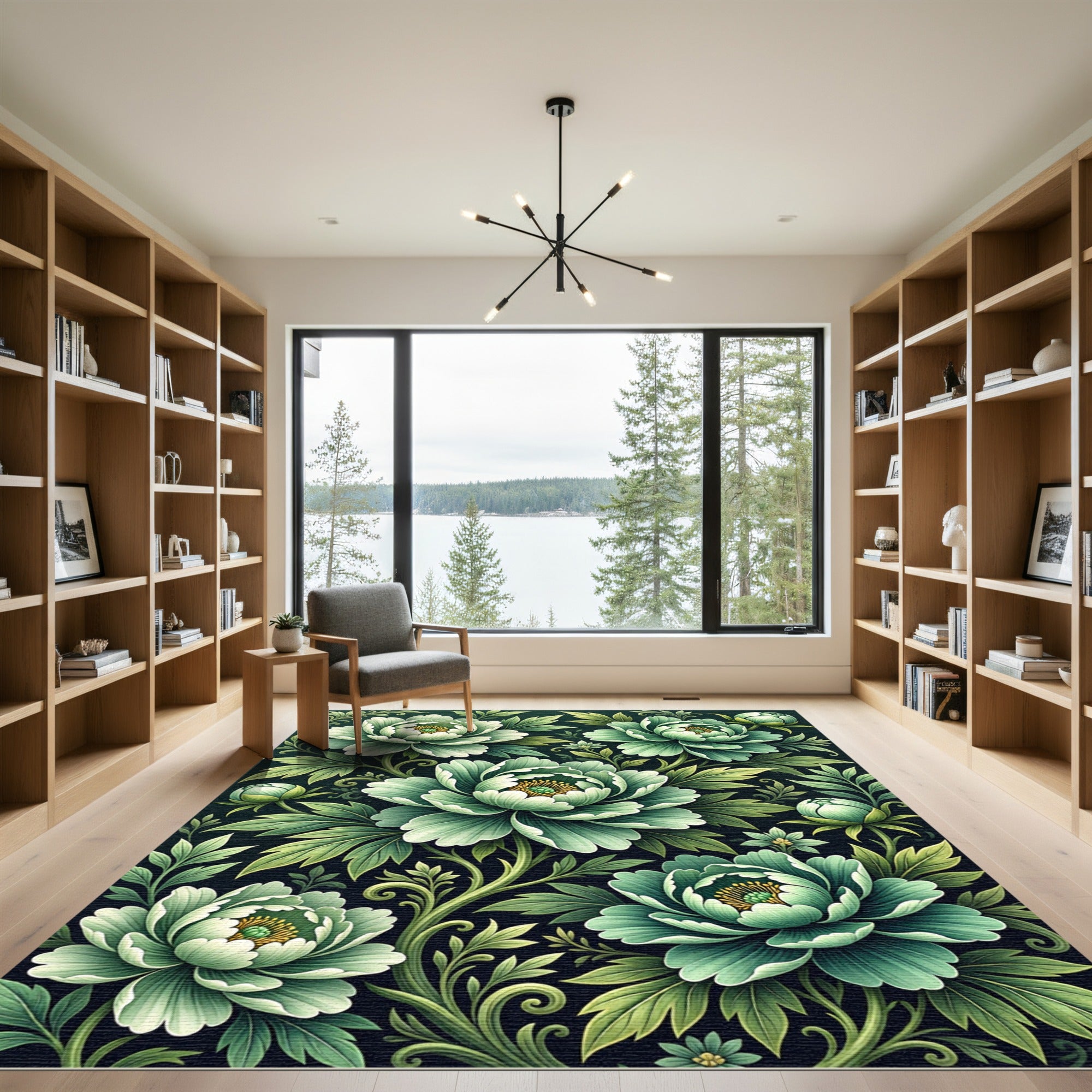 Lush Green Peony Floral Swirl Rug