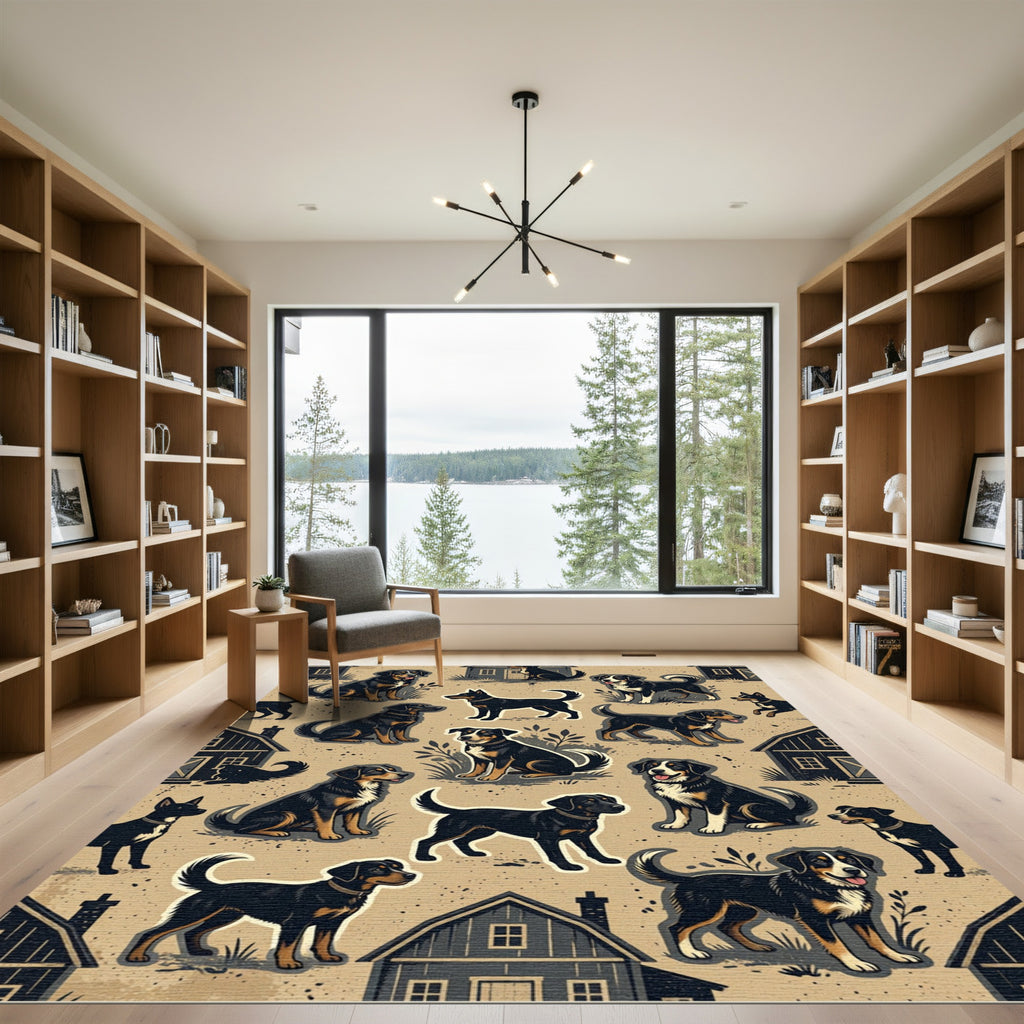 Farmhouse Black Dog Tan Meadow Illustration Rug