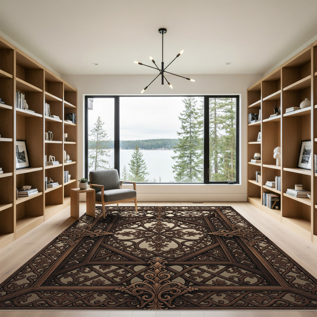 Dark Brown Ornamental Arabesque Scroll Rug