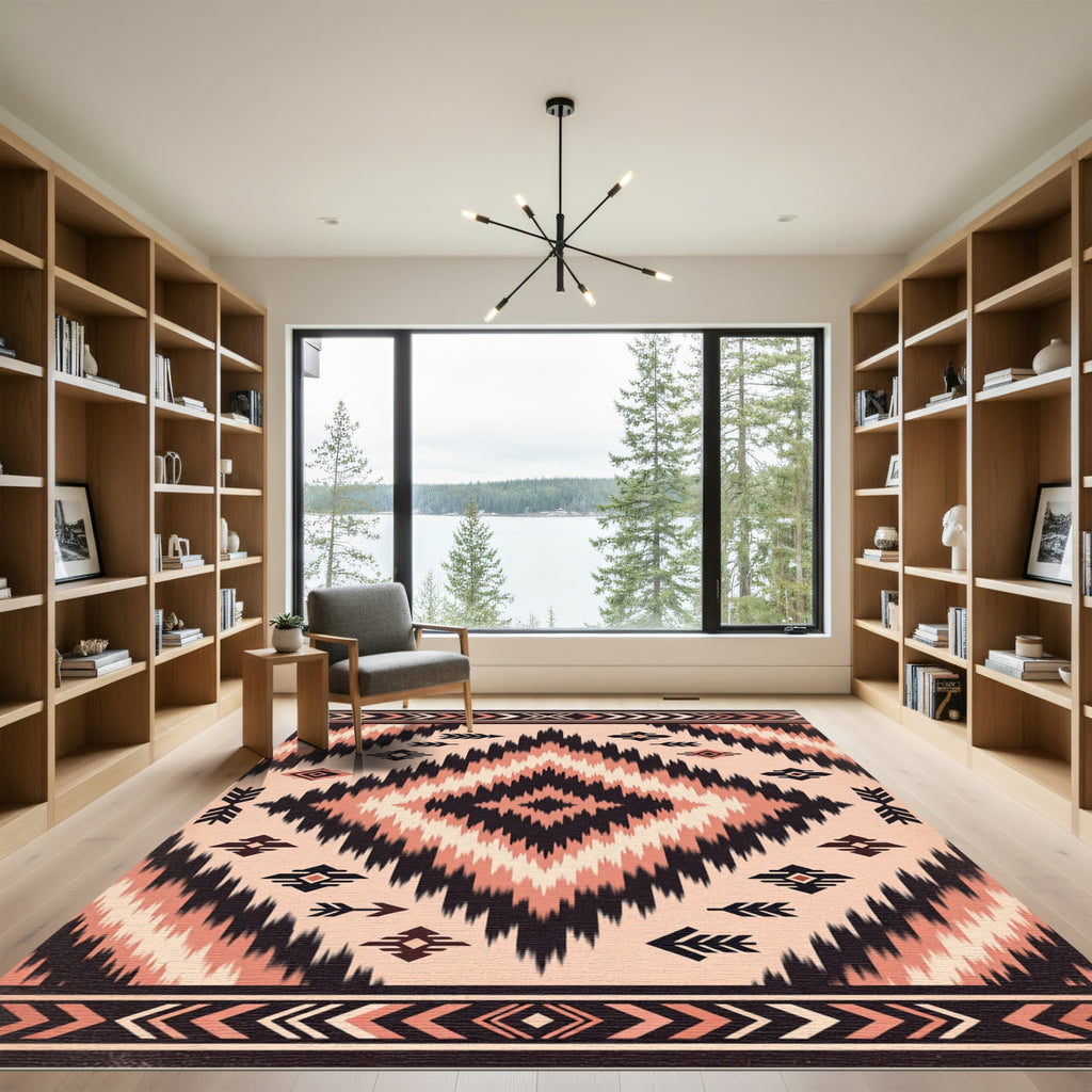 Earthy Salmon Black Tribal Diamond Rug