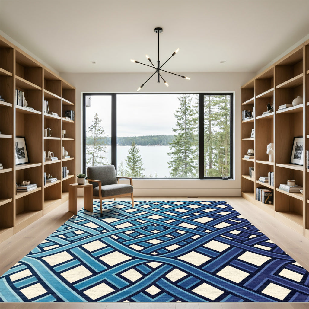 Modern Interwoven Blue Gradient Grid Rug