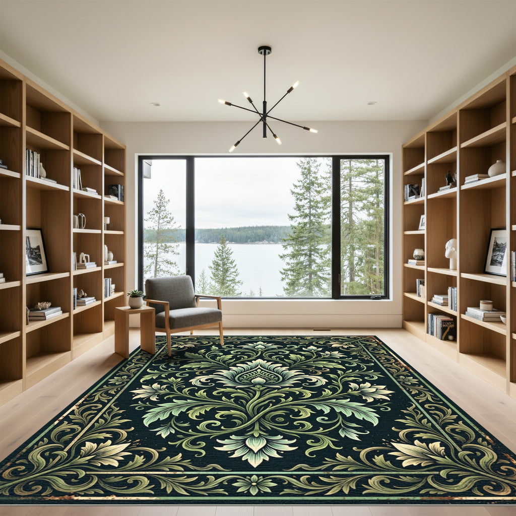 Elegant Sage Botanical Damask Scroll Rug