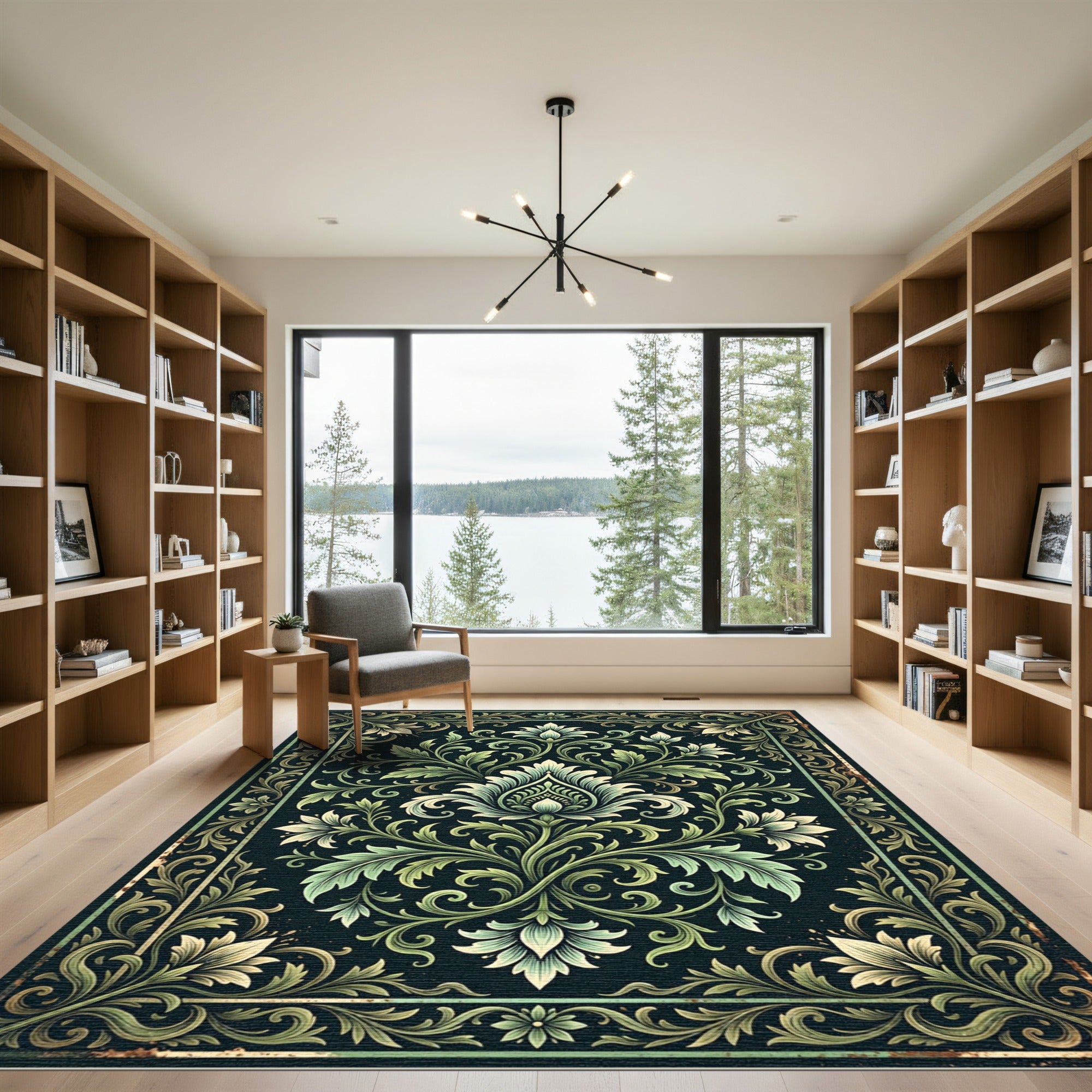 Elegant Sage Botanical Damask Scroll Rug