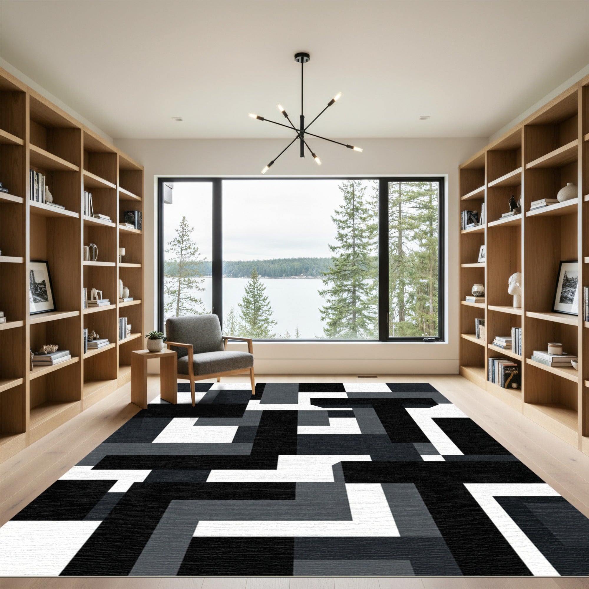 Modern Gray Black Abstract Geometric Rug