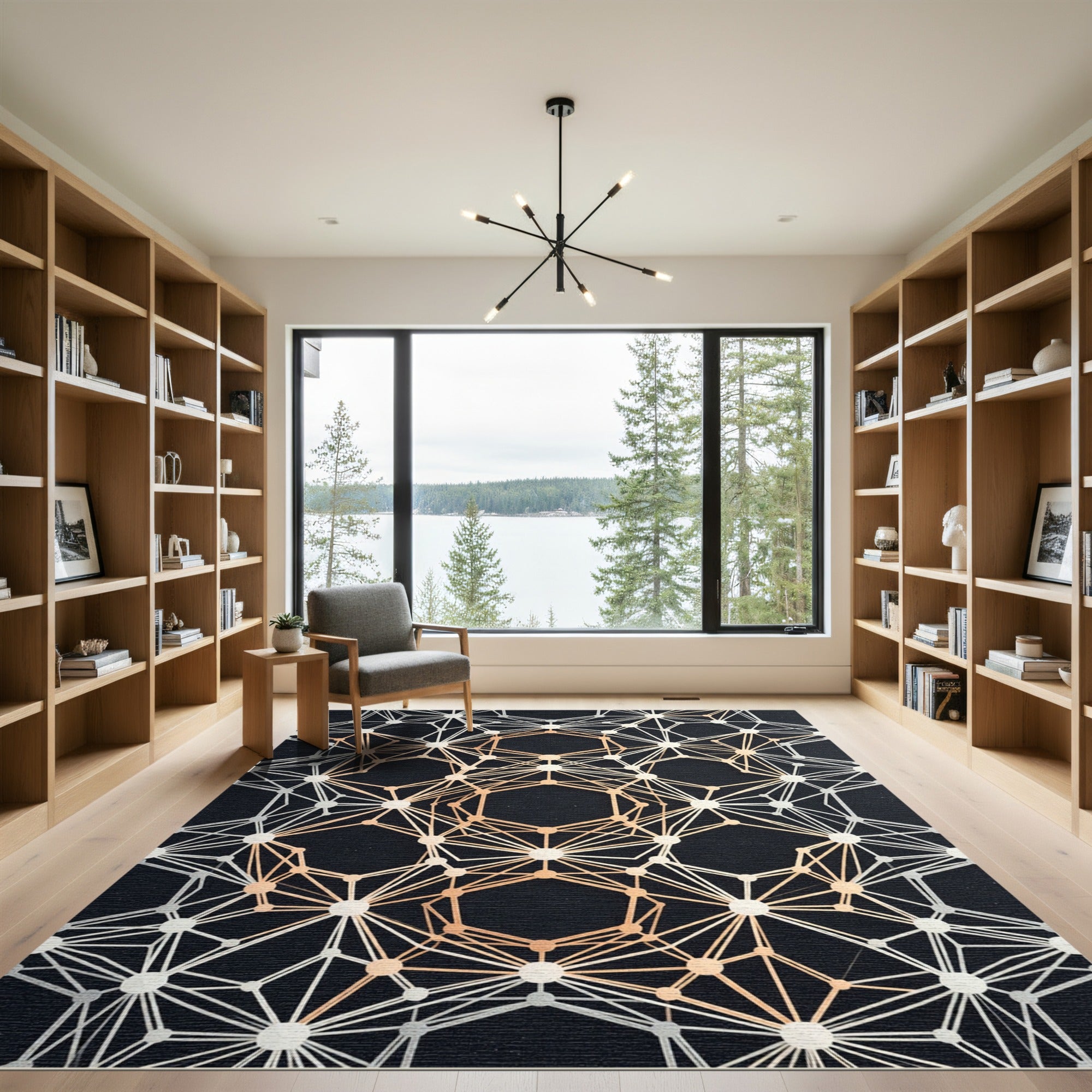 Geometric Copper and White Network Rug