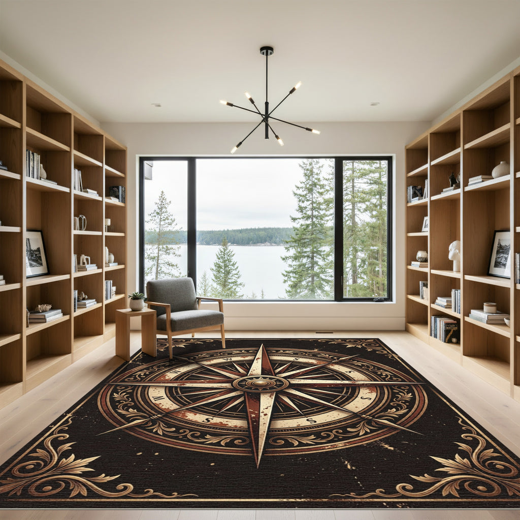 Antique Gold Compass Nautical Mural Rug