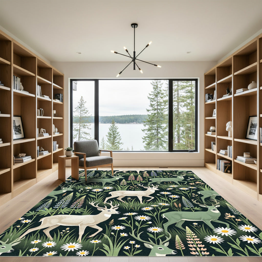 Whimsical Deer and Lupine Meadow Rug
