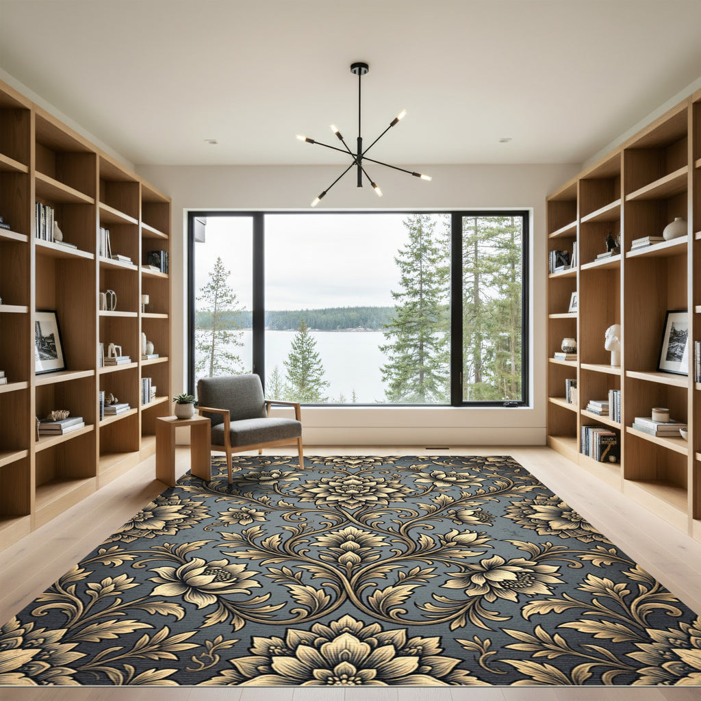 Elegant Gold Floral Damask Charcoal Rug