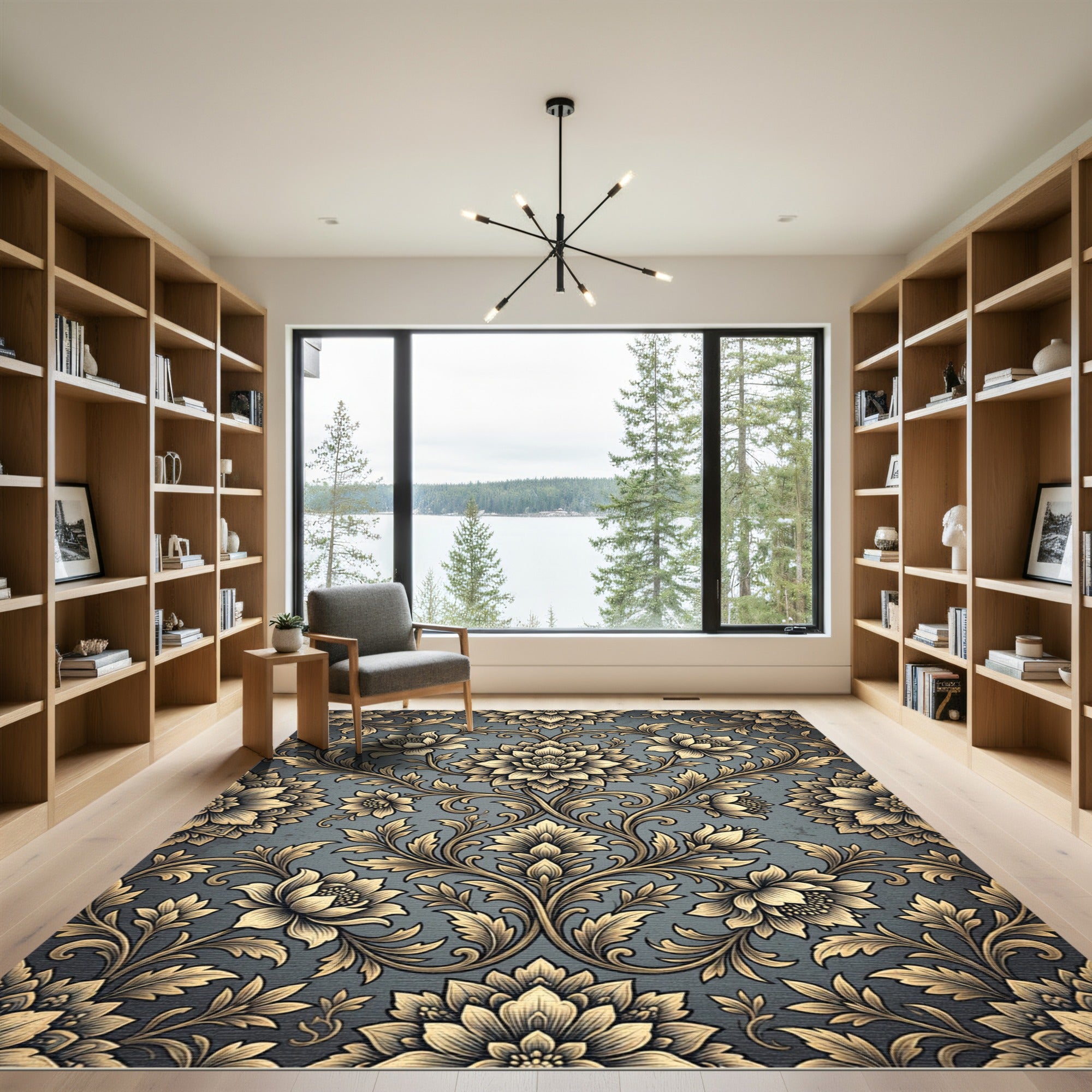 Elegant Gold Floral Damask Charcoal Rug