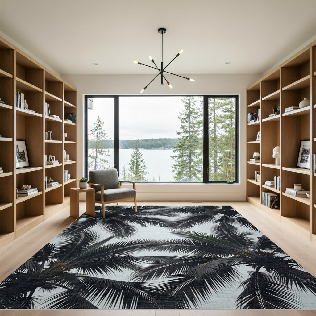Dark Palm Frond Overlapping Canopy Rug
