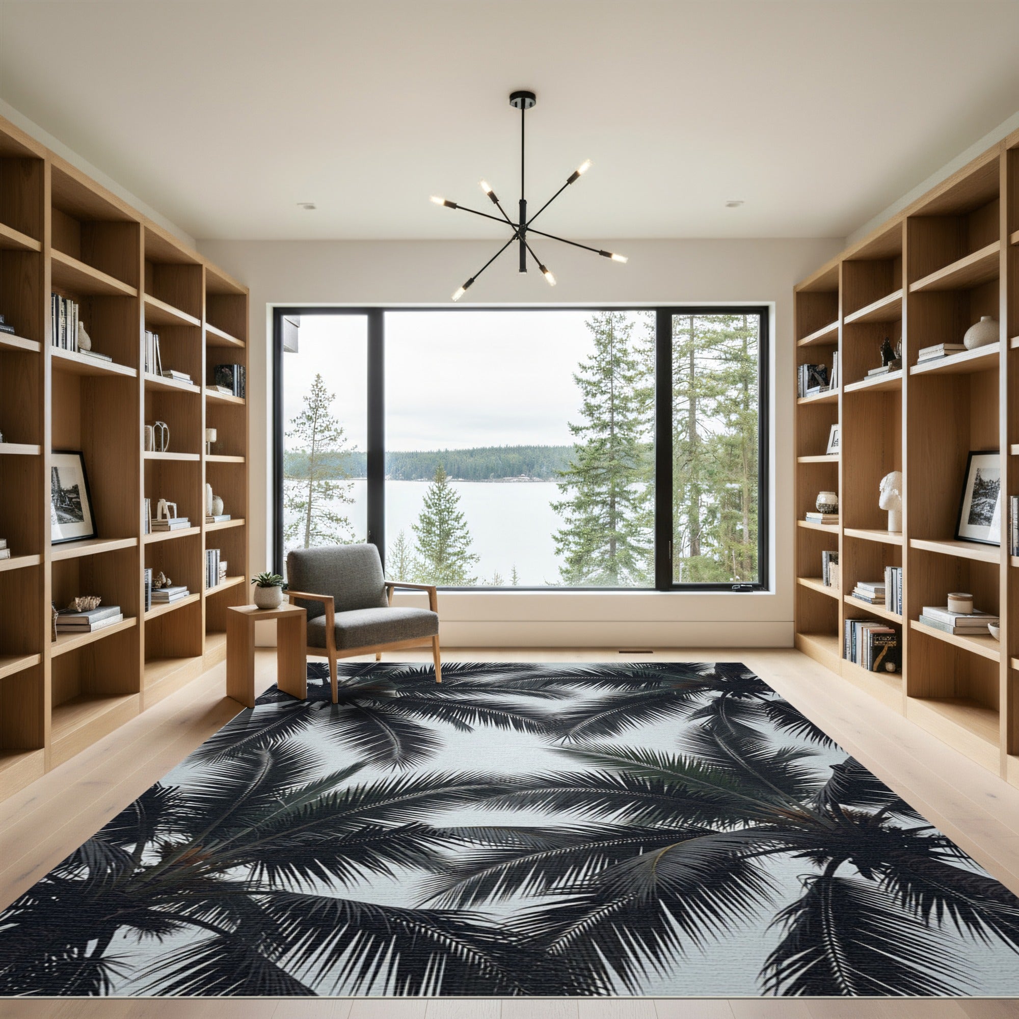 Dark Palm Frond Overlapping Canopy Rug