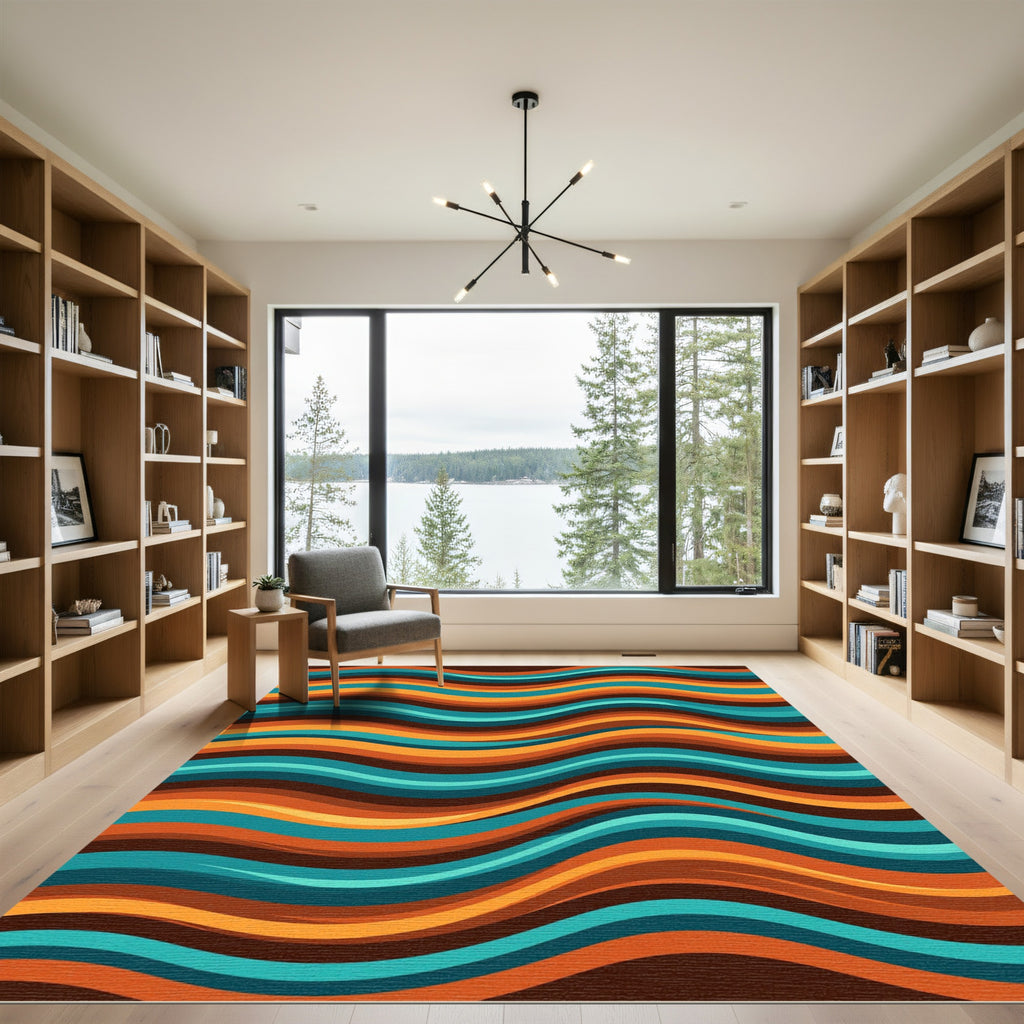 Retro Mid Century Teal Orange Wave Rug