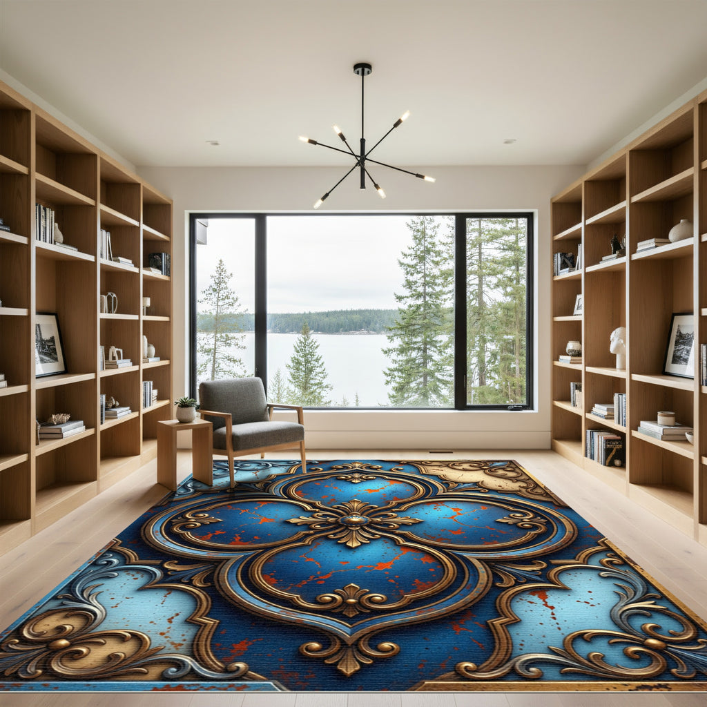 Ornate Cobalt Gold Scrollwork Rug