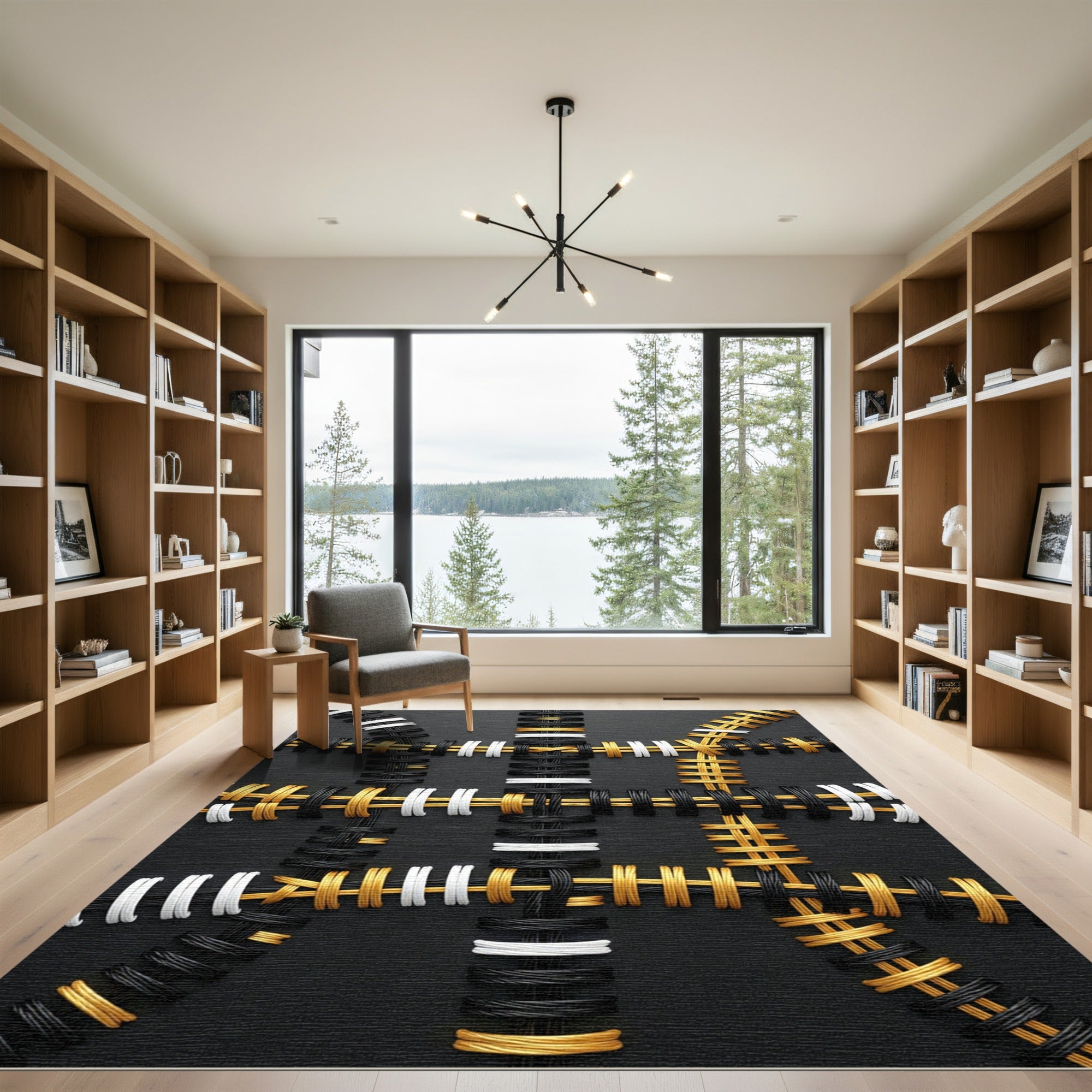 Modern Black Gold White Woven Grid Rug