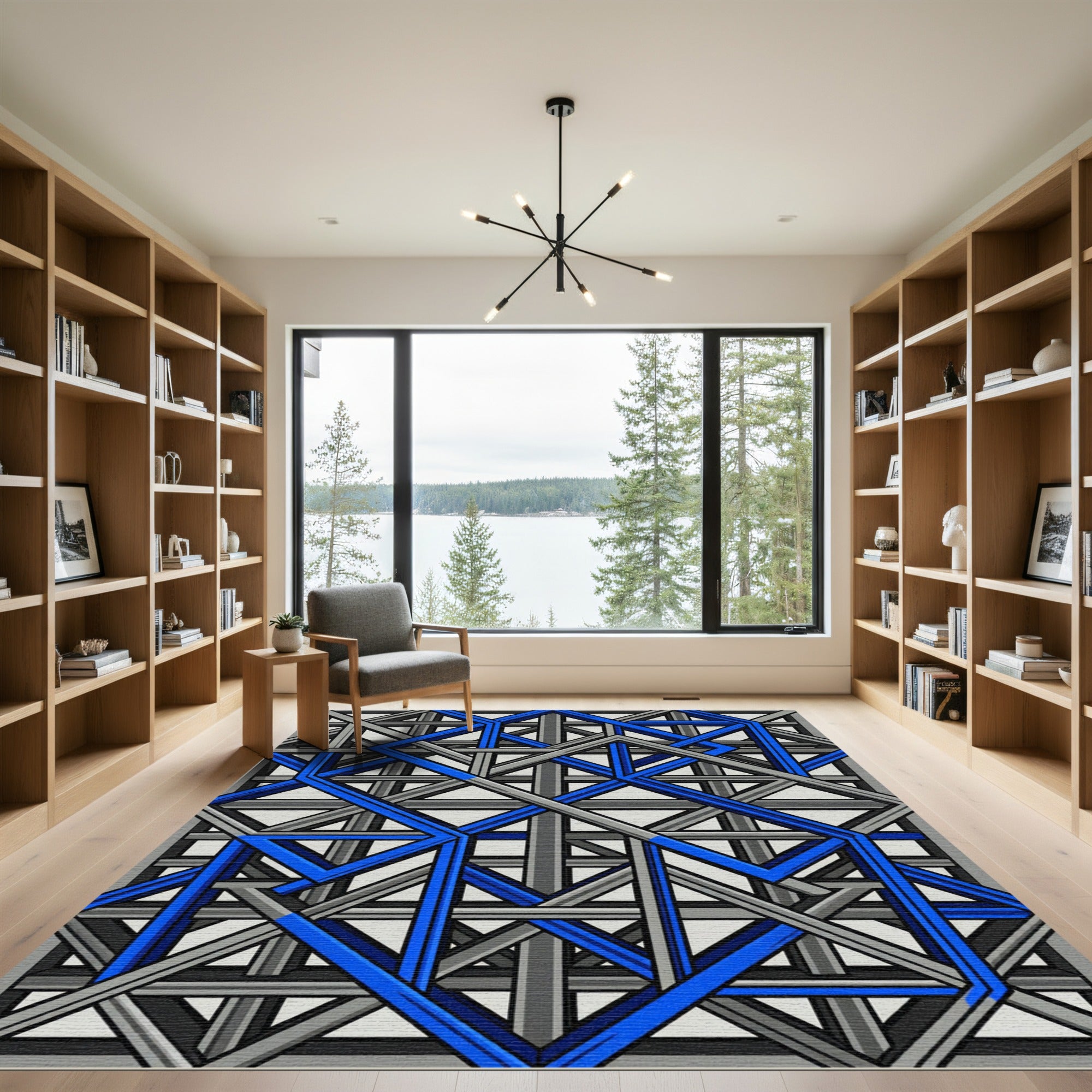 Modern Blue and Gray Geometric Labyrinth Rug