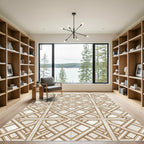 Elegant Gold Ivory Geometric Interlocking Grid Rug