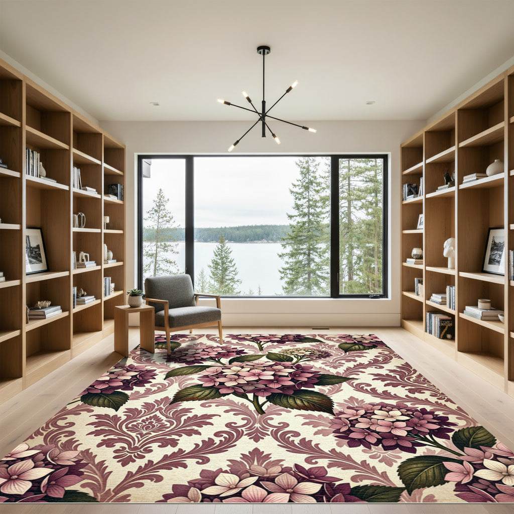 Vintage Mauve Hydrangea Damask Floral Rug
