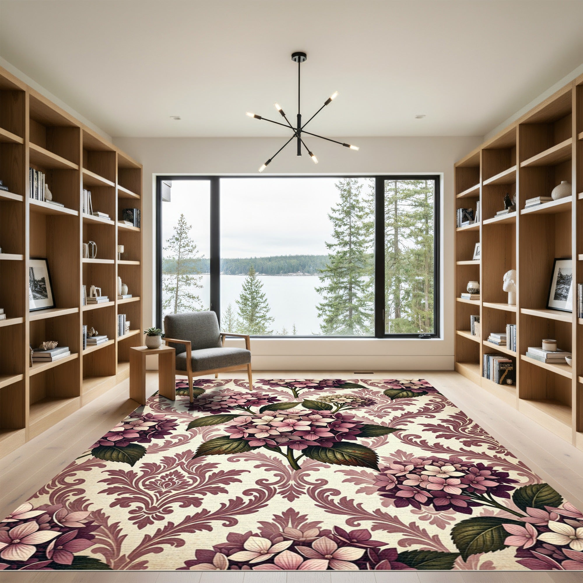 Vintage Mauve Hydrangea Damask Floral Rug