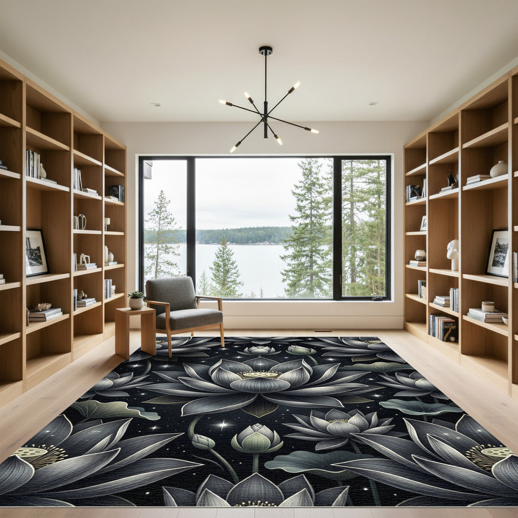 Dark Floral Garden Lotus Stars Rug