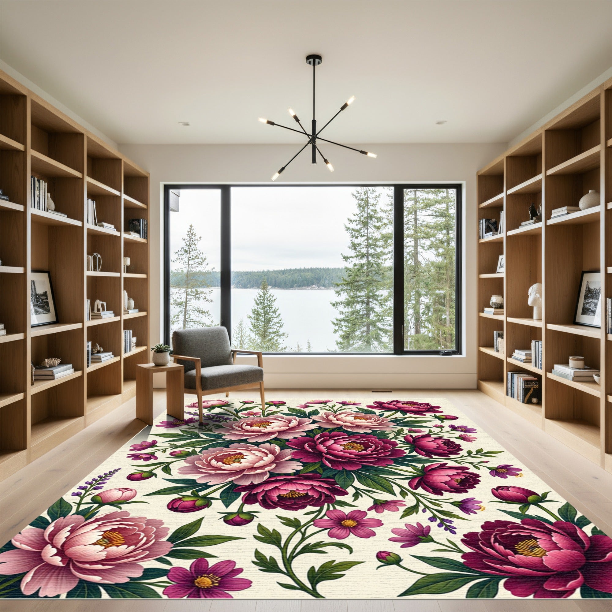 Elegant Pink Floral Peony Bouquet Rug