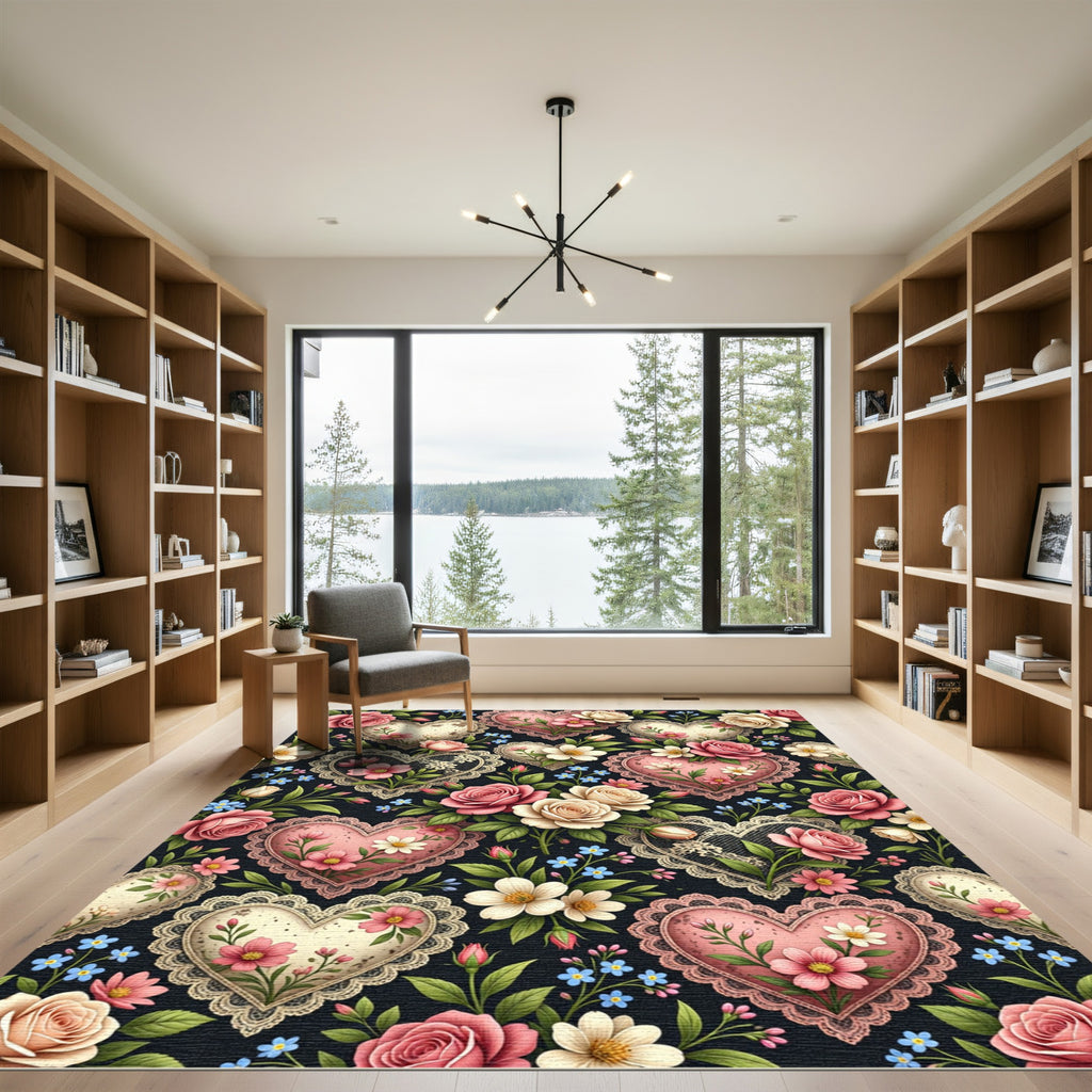 Romantic Pink Floral Heart Lace Rug