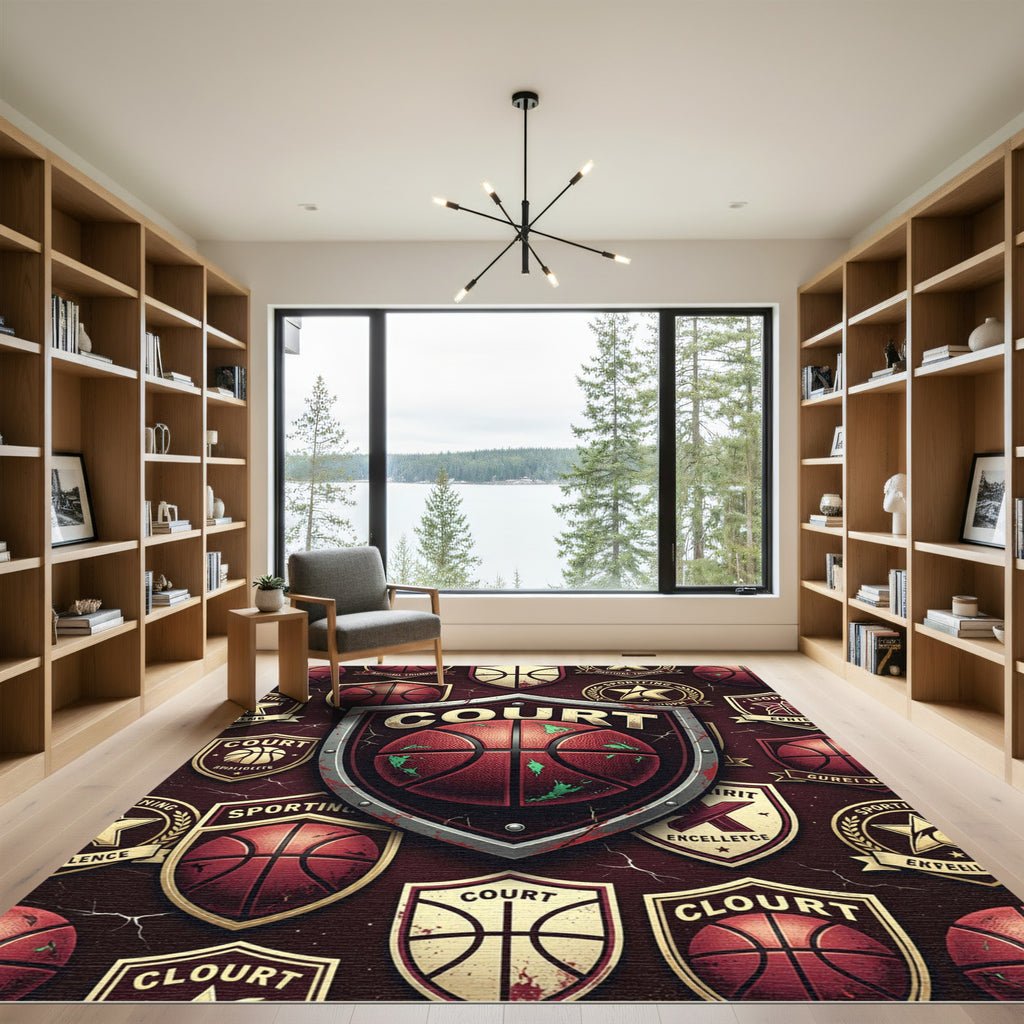 Vintage Maroon Basketball Shield Emblem Rug