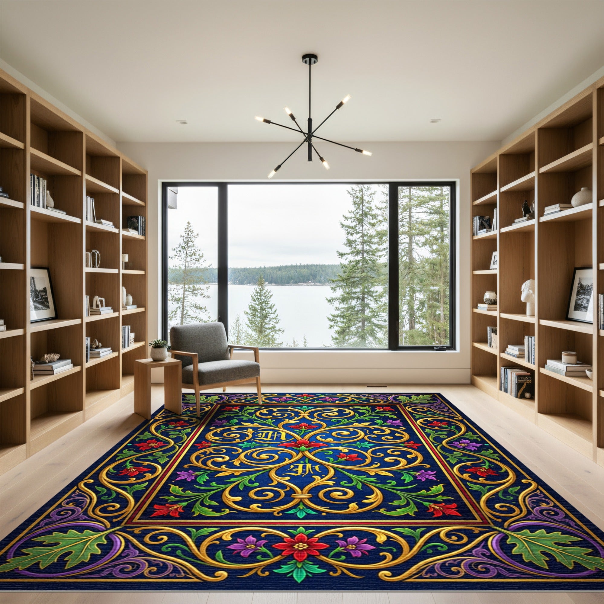 Gilded Royal Blue Baroque Floral Scroll Rug