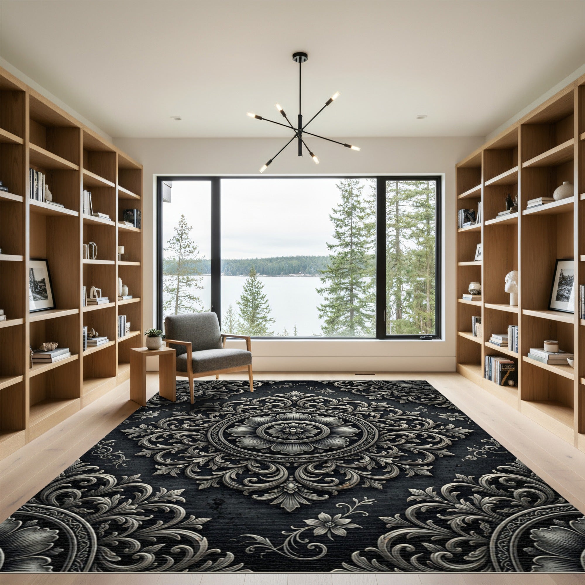 Elegant Silver Floral Damask Medallion Rug