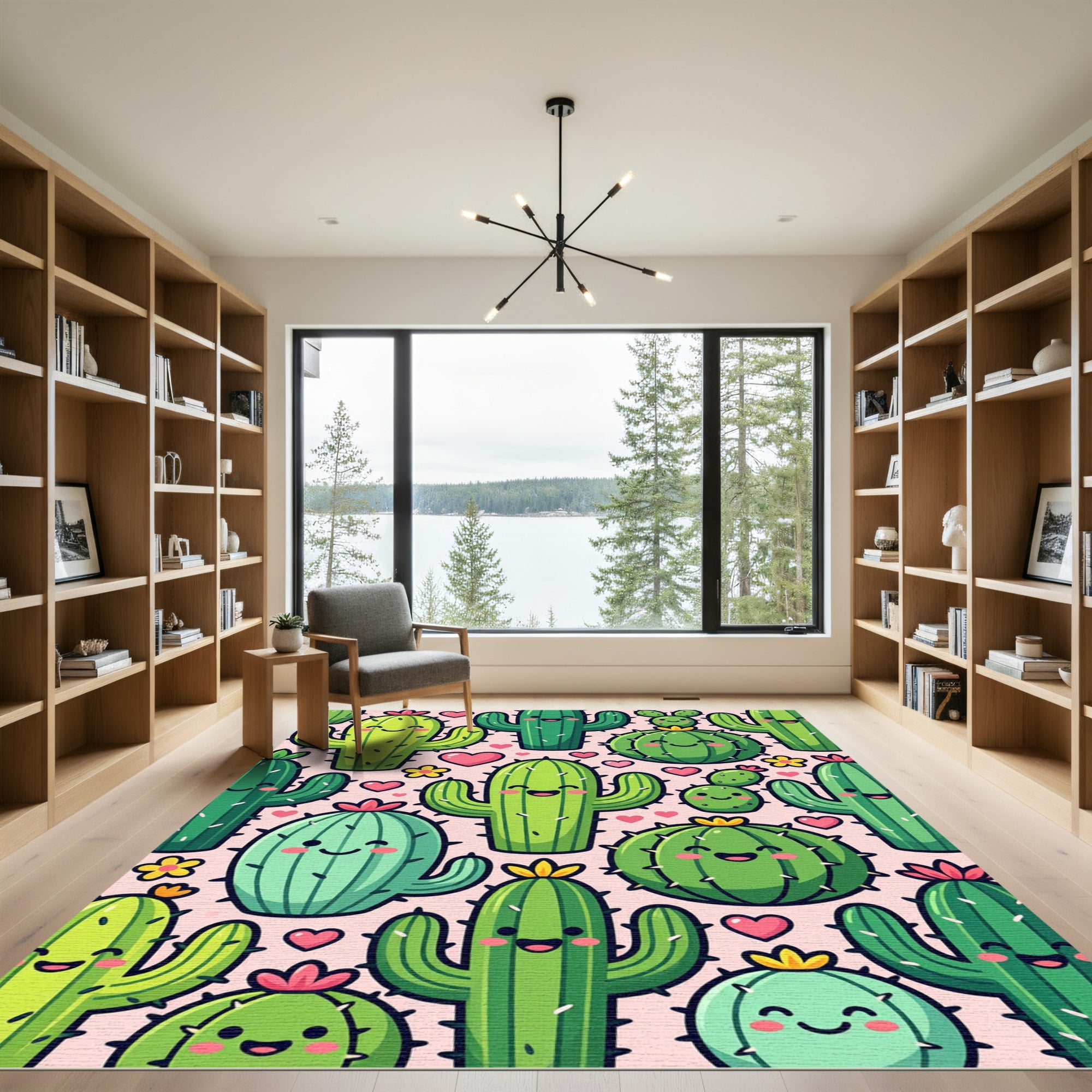 Cute Happy Cactus and Heart Illustration Rug