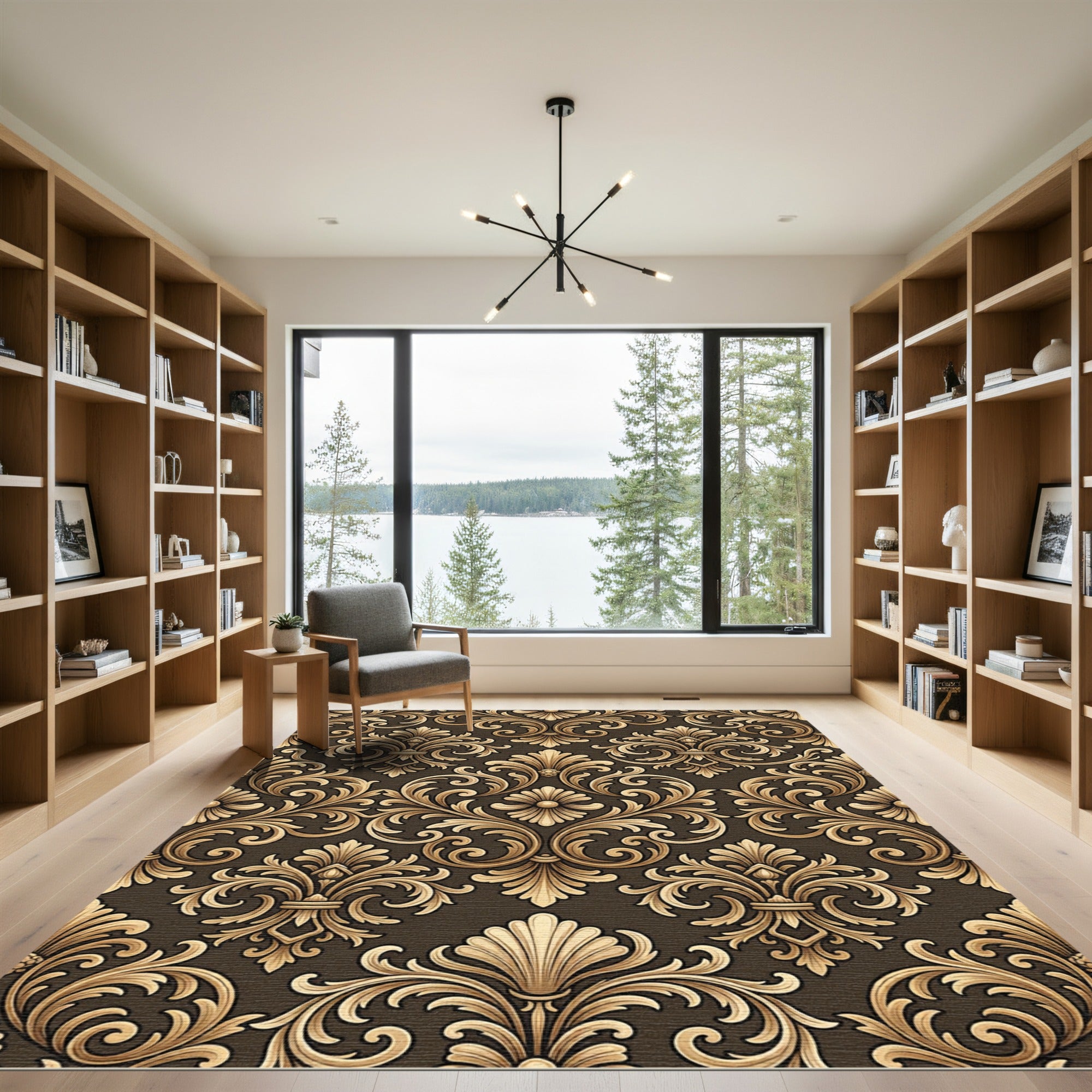 Golden Baroque Floral Scroll Rug