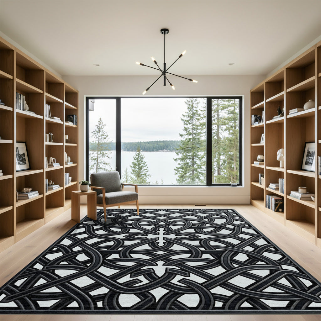 Intricate Black Interlocking Knot Rug