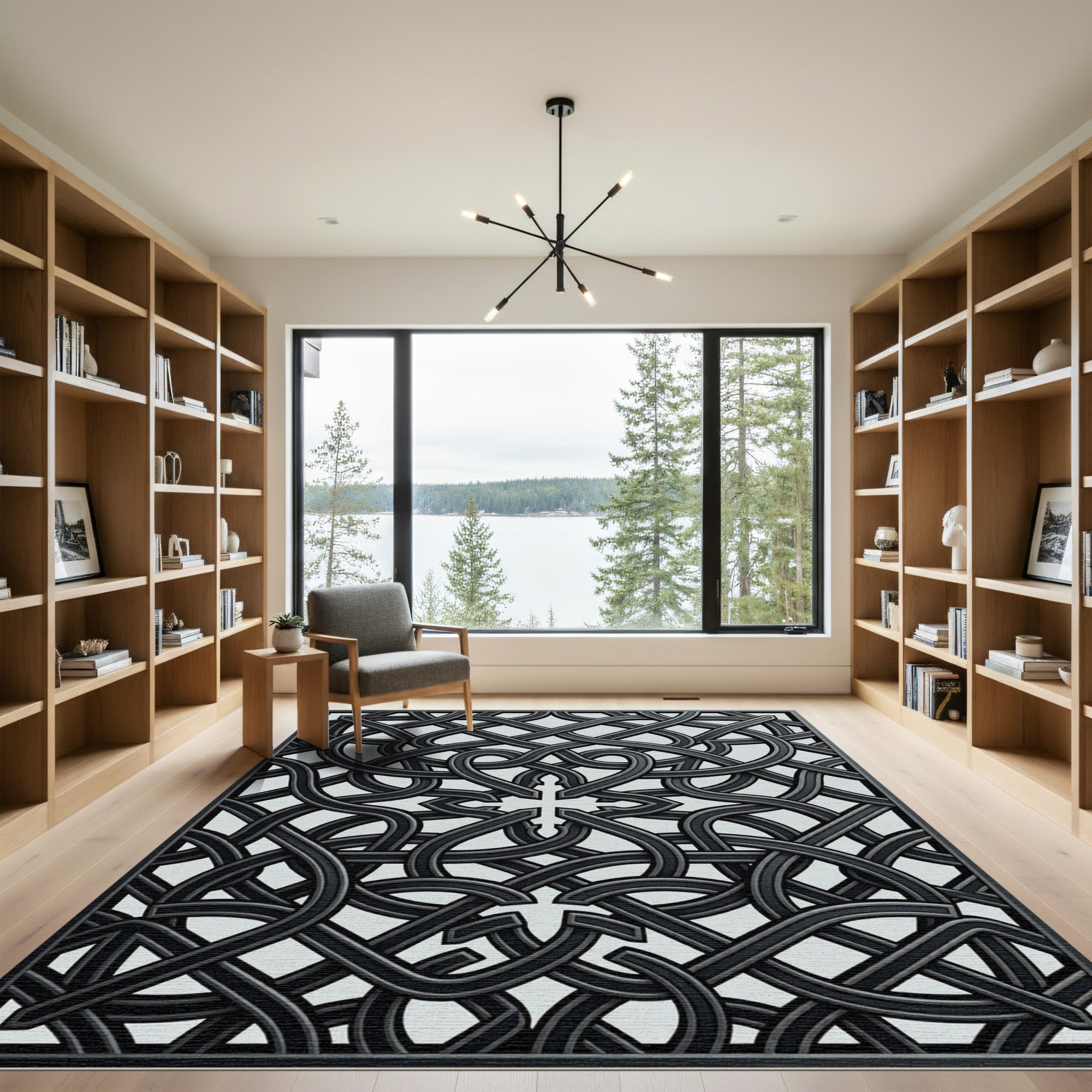 Intricate Black Interlocking Knot Rug