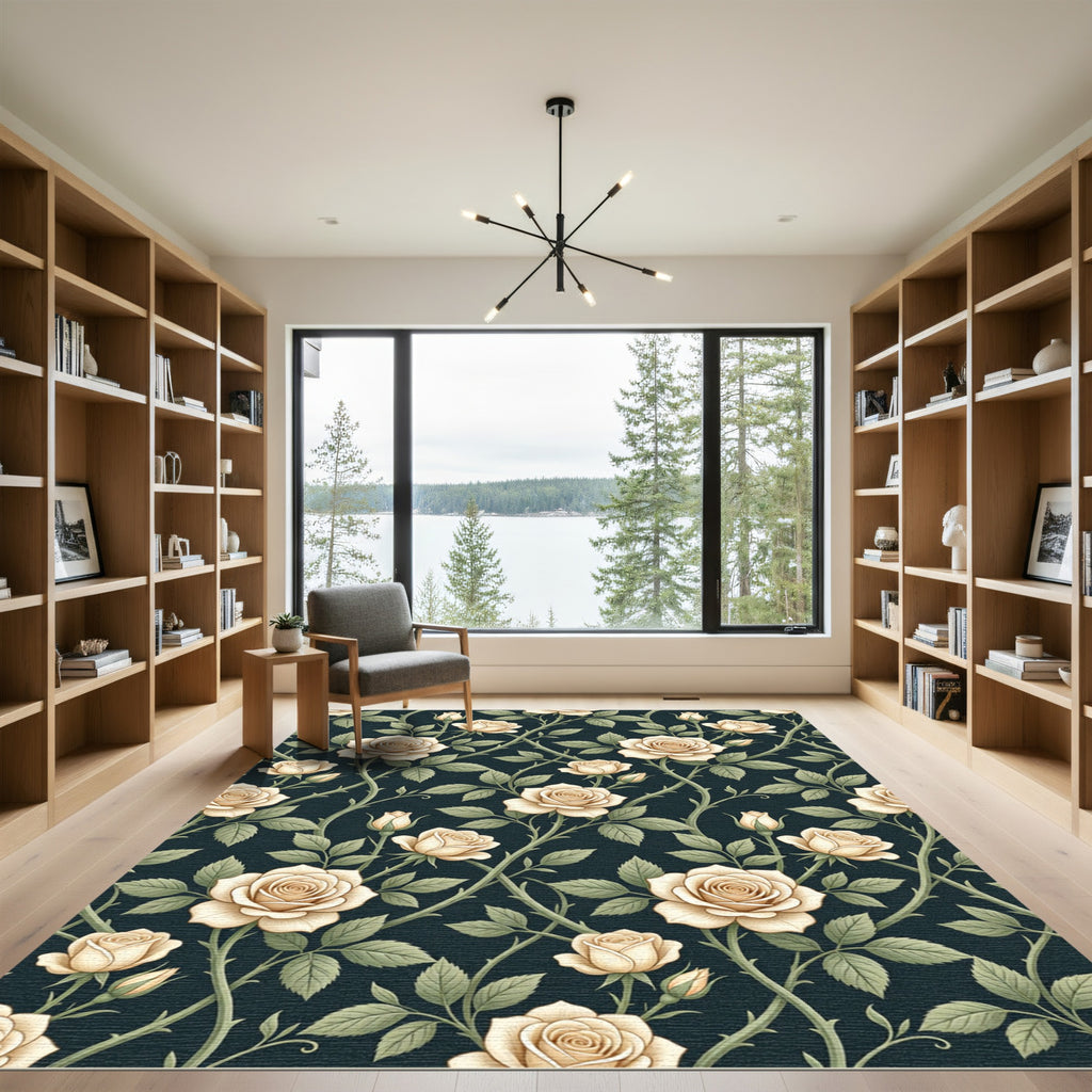 Elegant Cream Rose Floral Botanical Rug