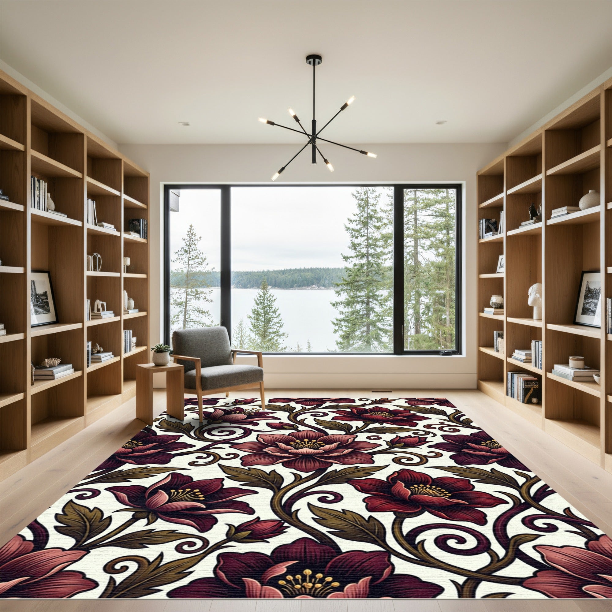Dark Crimson Floral Scroll Botanical Rug