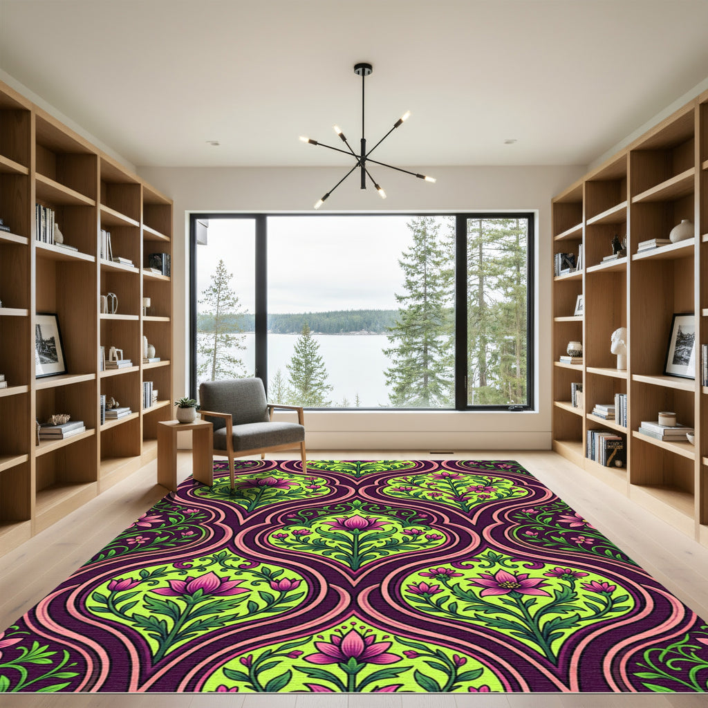 Vibrant Neon Pink Floral Damask Rug