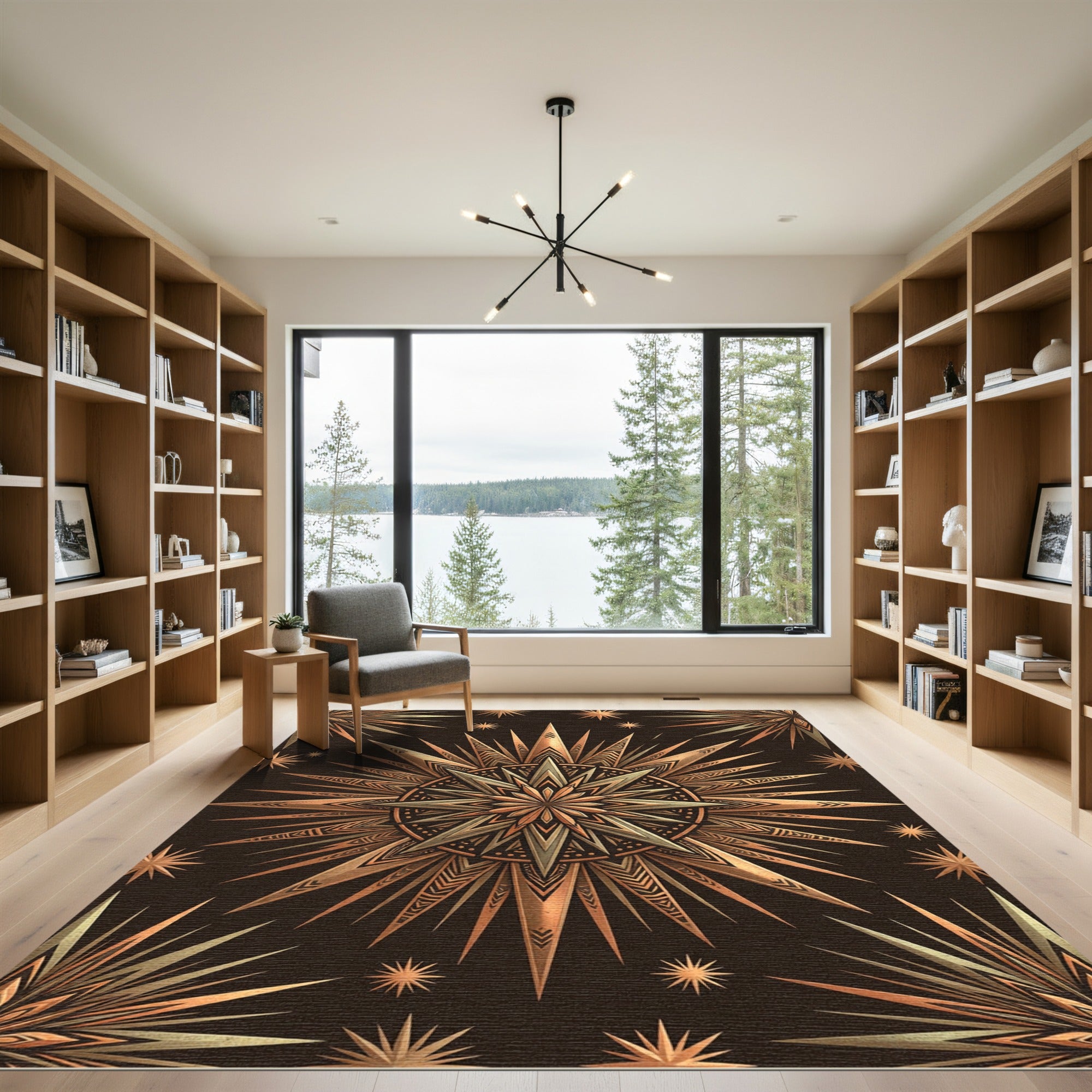 Celestial Bronze Sunburst Geometric Art Rug