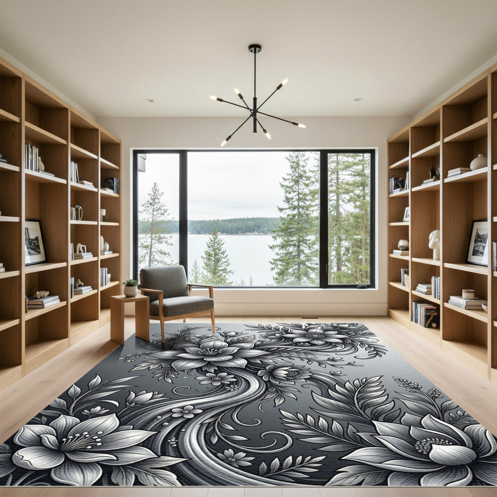 Monochromatic Floral Swirl Botanical Art Rug