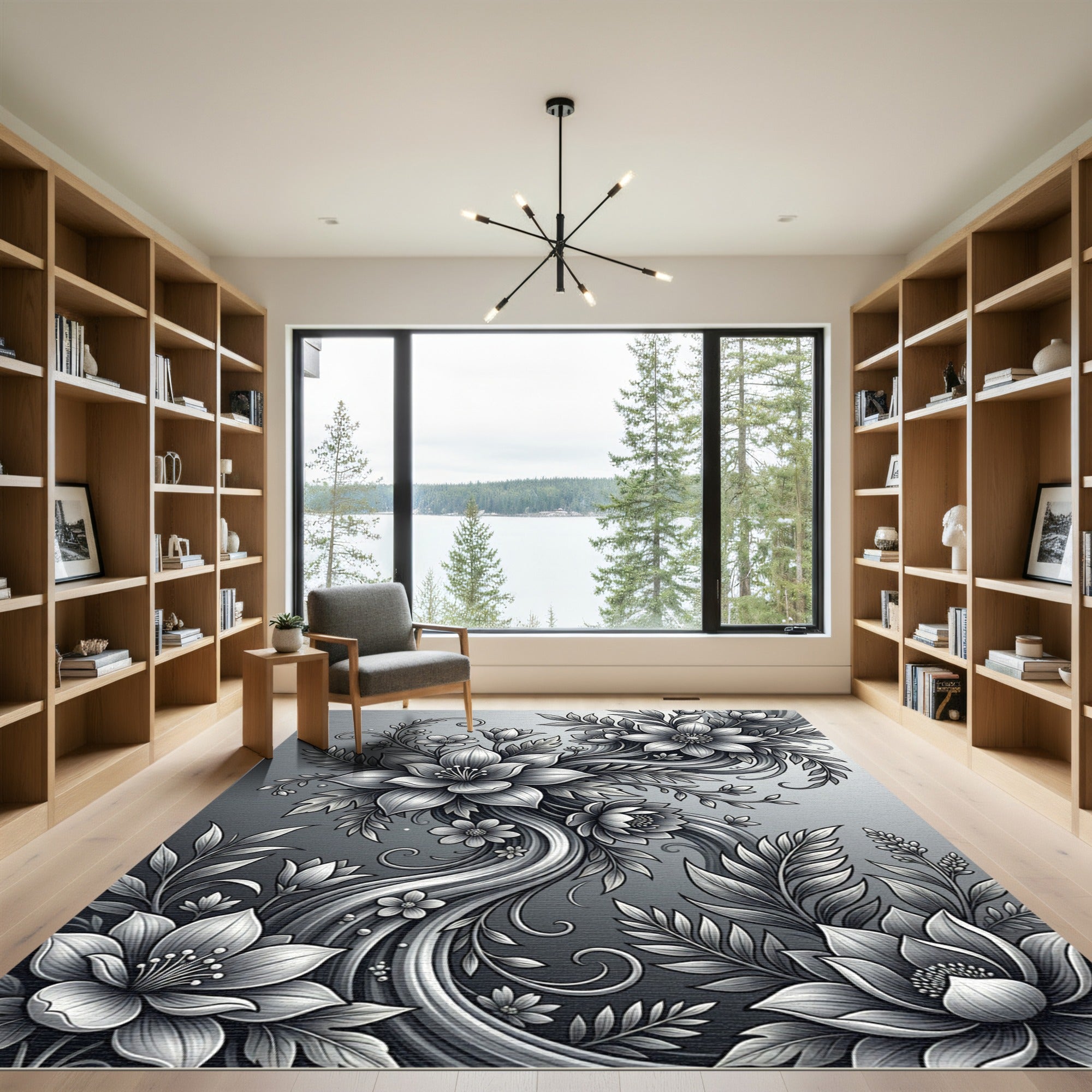 Monochromatic Floral Swirl Botanical Art Rug
