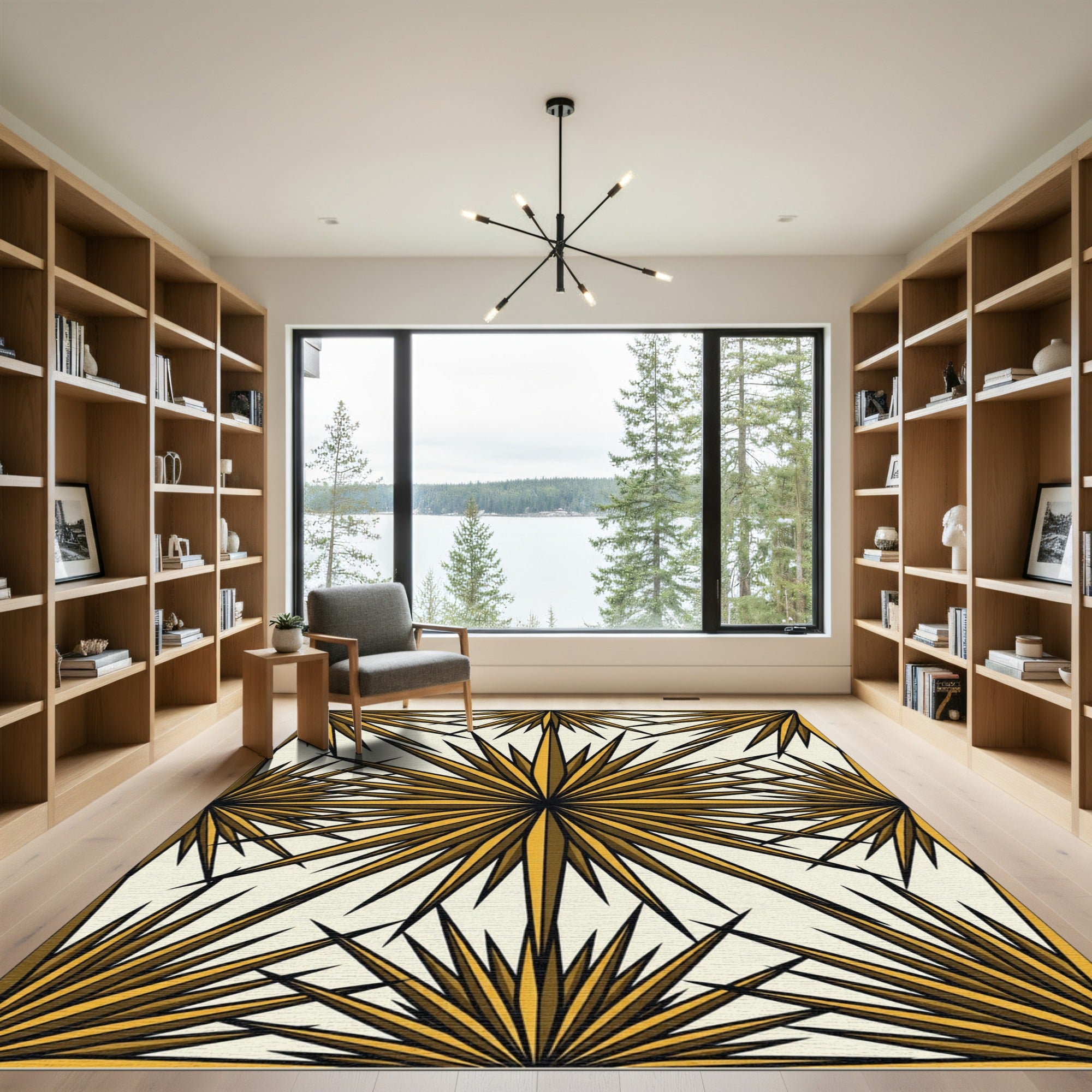 Golden Radiant Starburst Geometric Art Rug