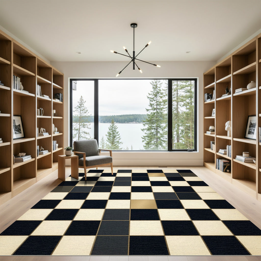 Black Gold Checkerboard Square Composition Rug