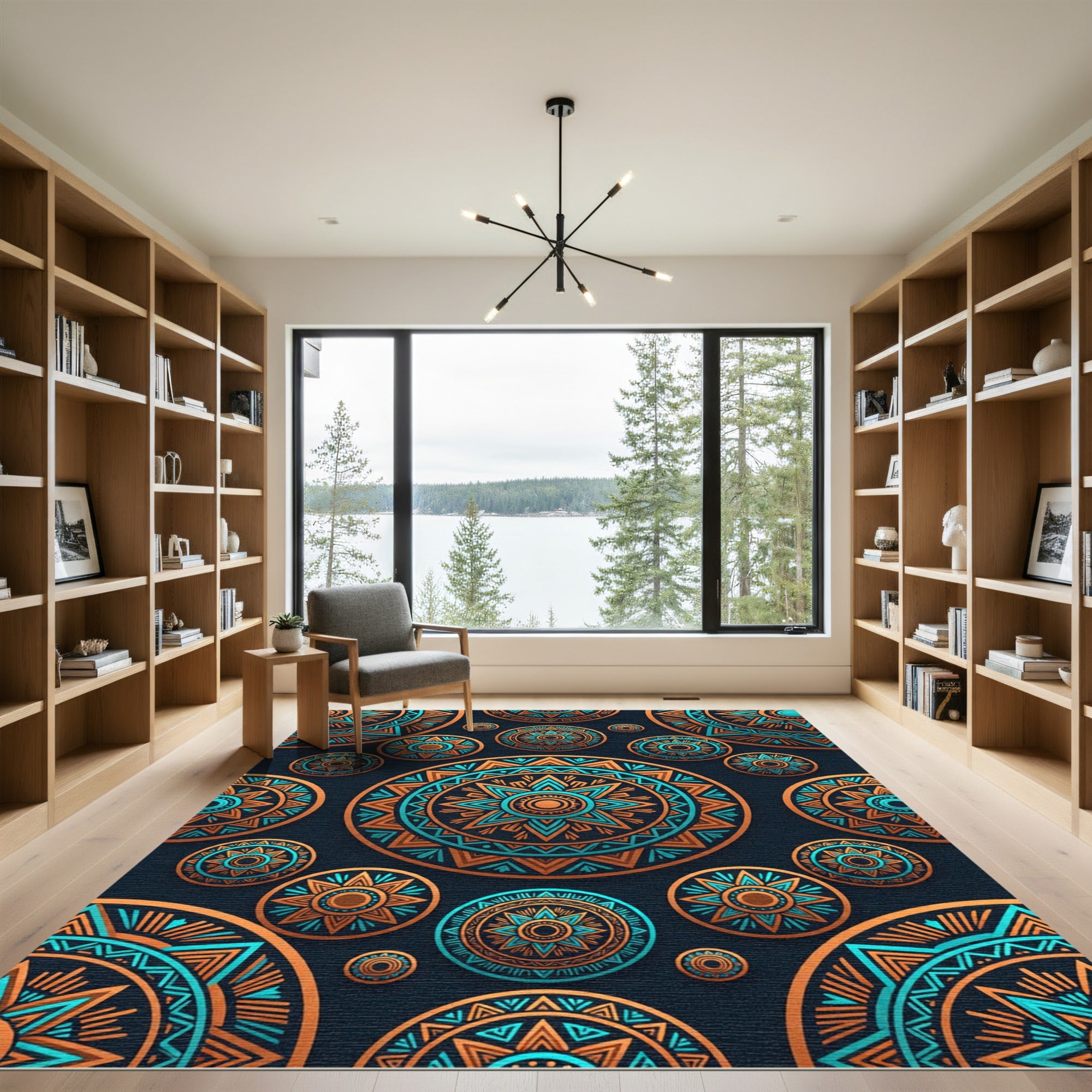 Orange Teal Medallion Mandala Arrangement Rug