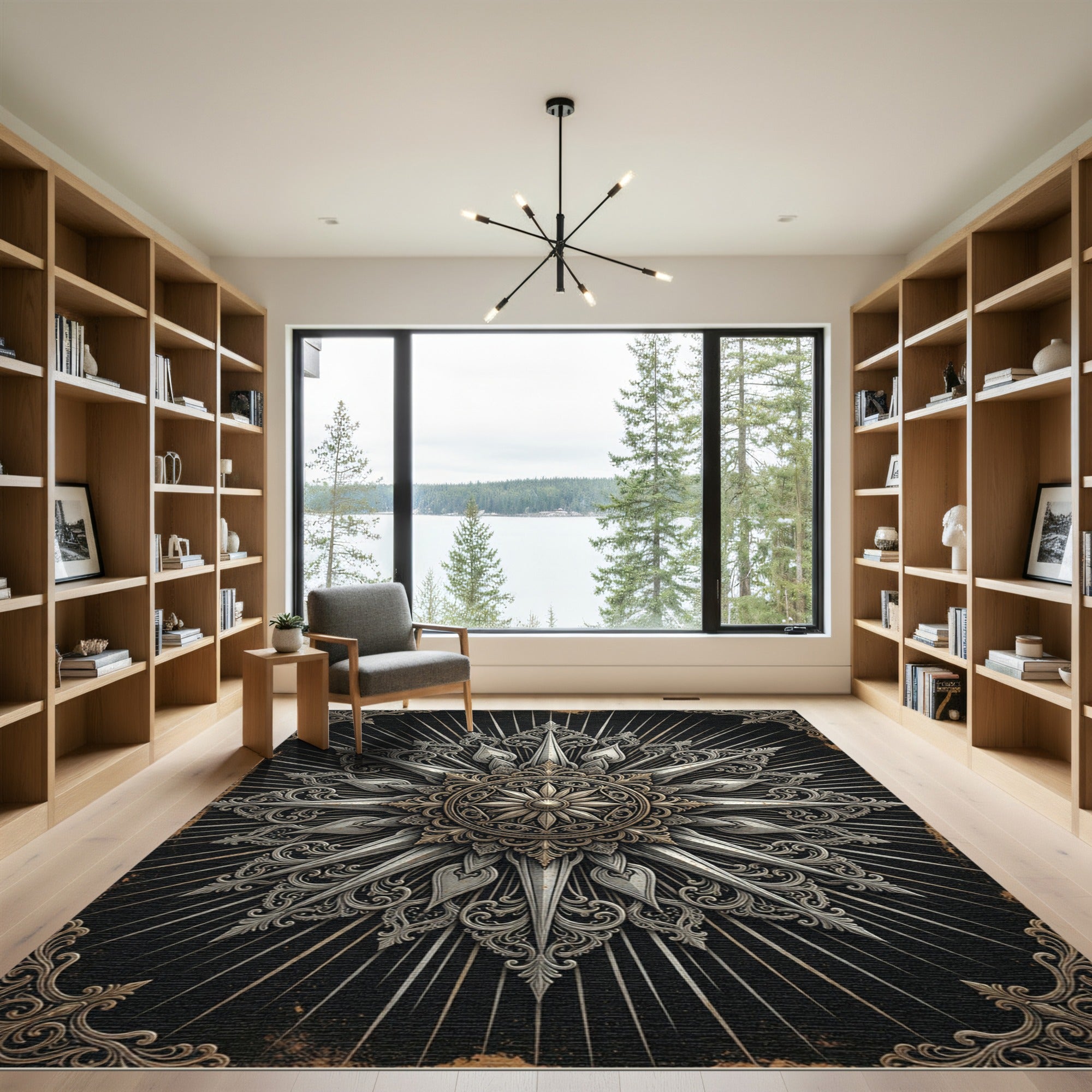 Ornamental Silver Sunburst Gothic Medallion Rug