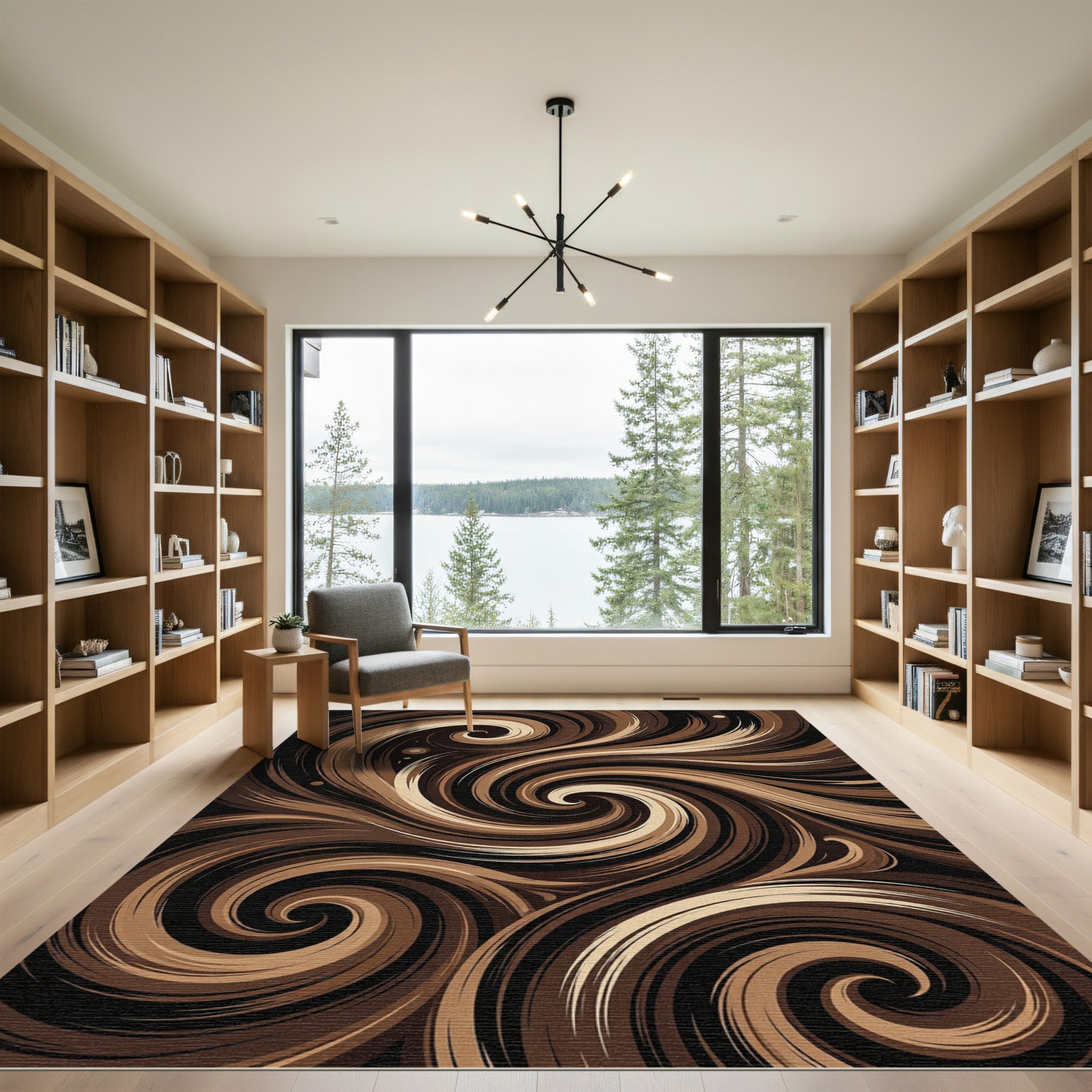 Earthy Chocolate Brown Swirling Abstract Wave Rug