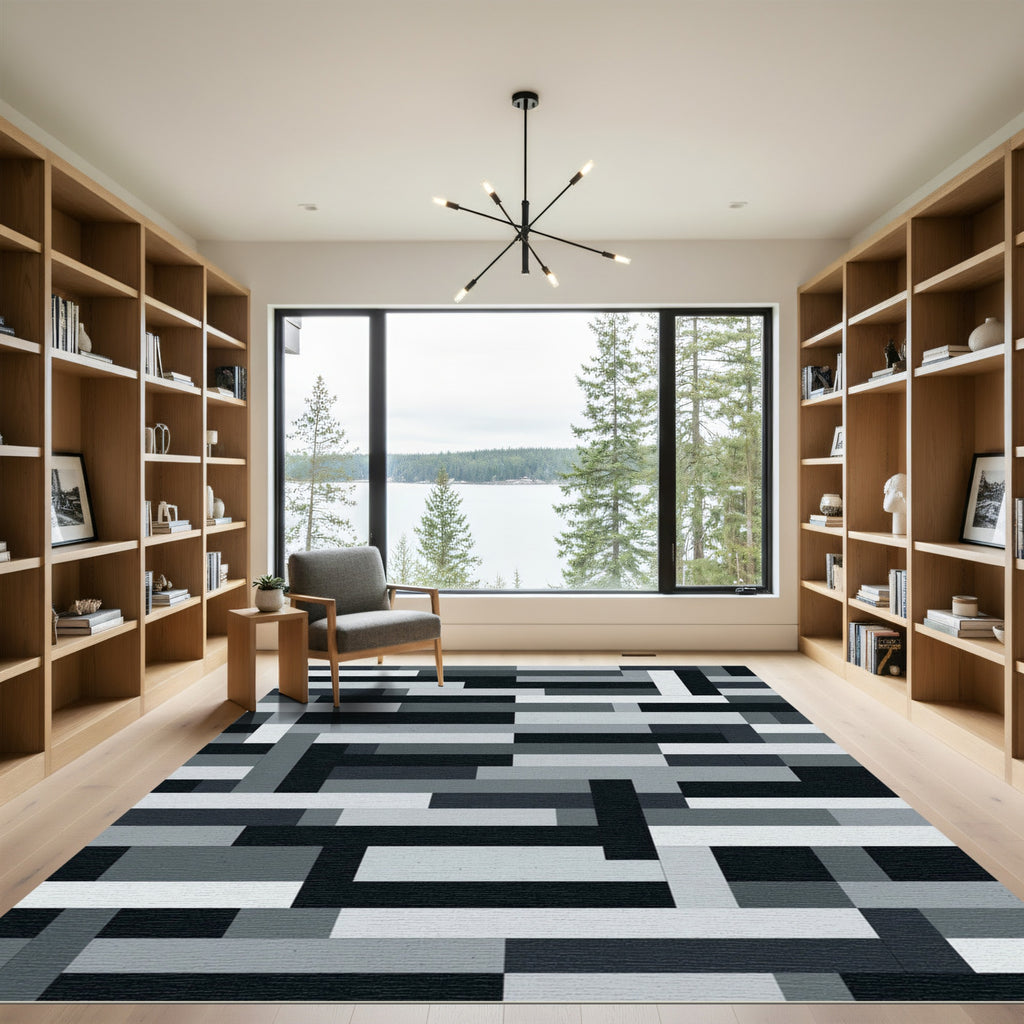 Modern Monochromatic Abstract Block Grid Rug