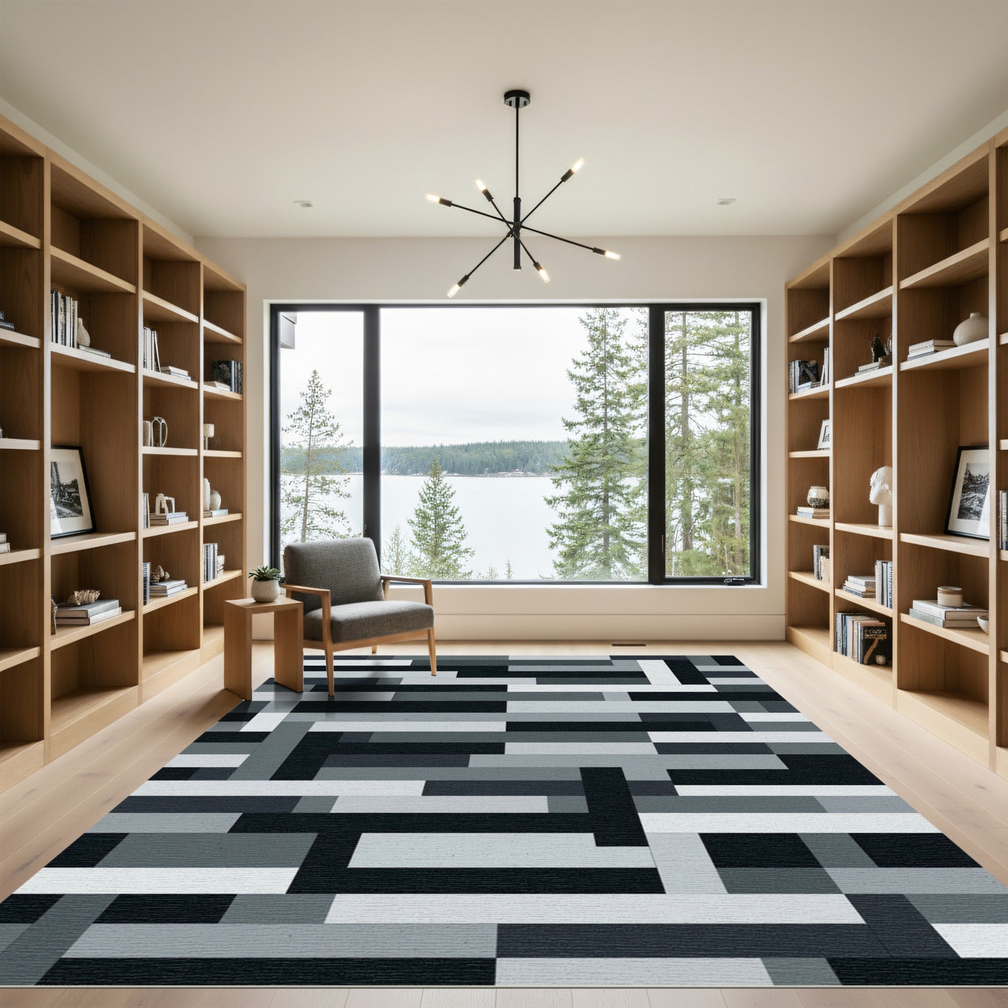 Modern Monochromatic Abstract Block Grid Rug