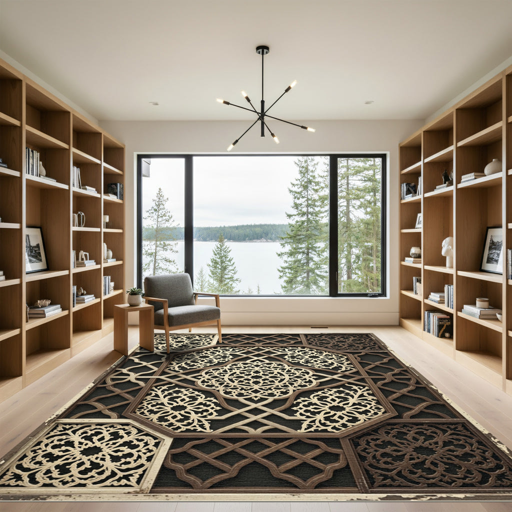 Ornate Cream Brown Interlocking Lattice Medallion Rug