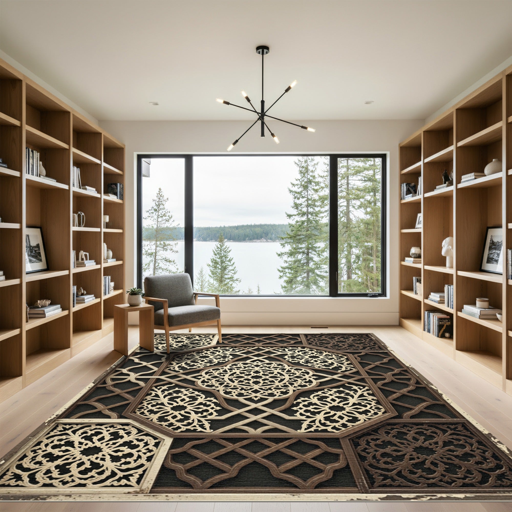 Ornate Cream Brown Interlocking Lattice Medallion Rug